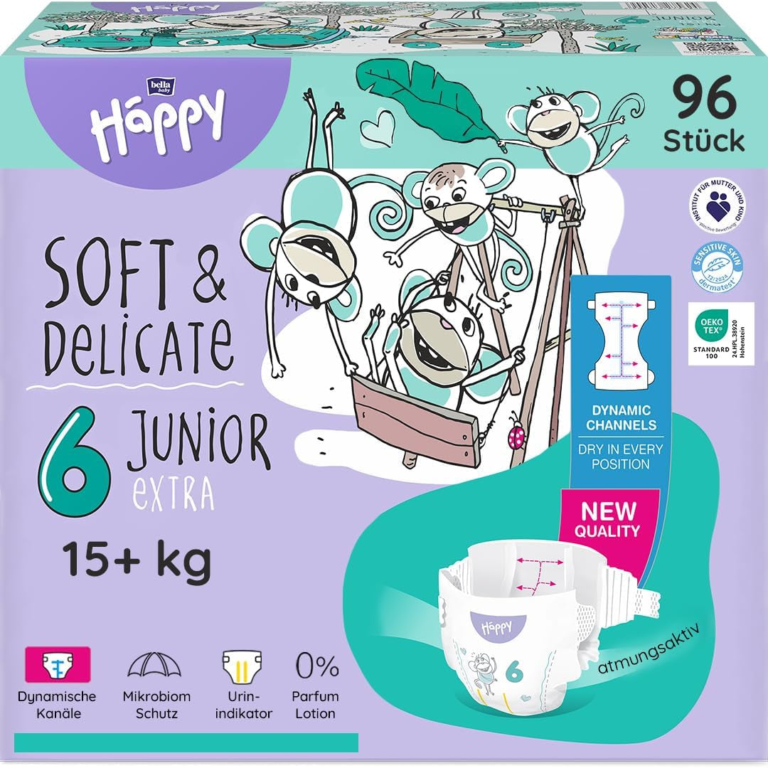 Bella Baby Happy Premium Luiers, Maat 6, Junior Extra, 15+ kg, 96 stuks, DERMATEST en OEKO-TEX Seal, Wegwerpluiers