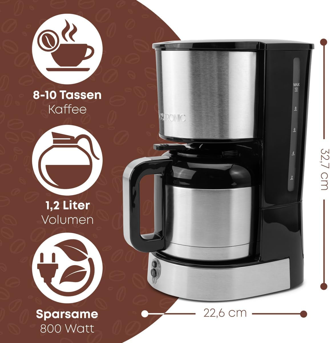 Clatronic® koffiezetapparaat met thermoskan voor 8–10 koppen koffie (ca. 1,2 l) | RVS filterkoffiezetapparaat | Dubbelwandige thermoskaraf | Geen temperatuurverlies | Koffiezetapparaat 800 W | KA 3805