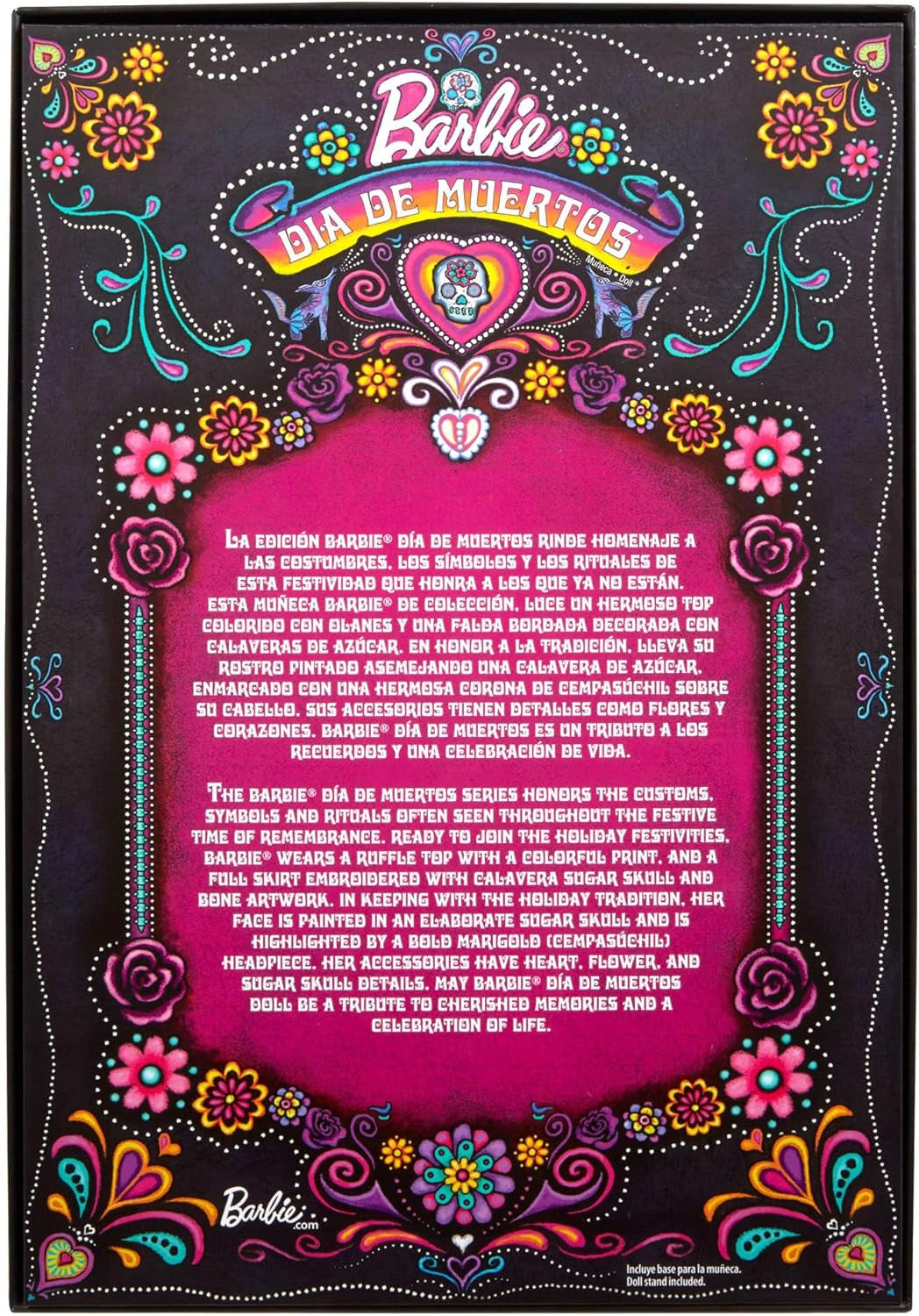 Barbie kenmerkende pop, Día De Muertos 2024 verzamelfiguur in zwarte jurk en blauwe top met ruches, geborduurde print en kleurrijke accessoires, HRM72