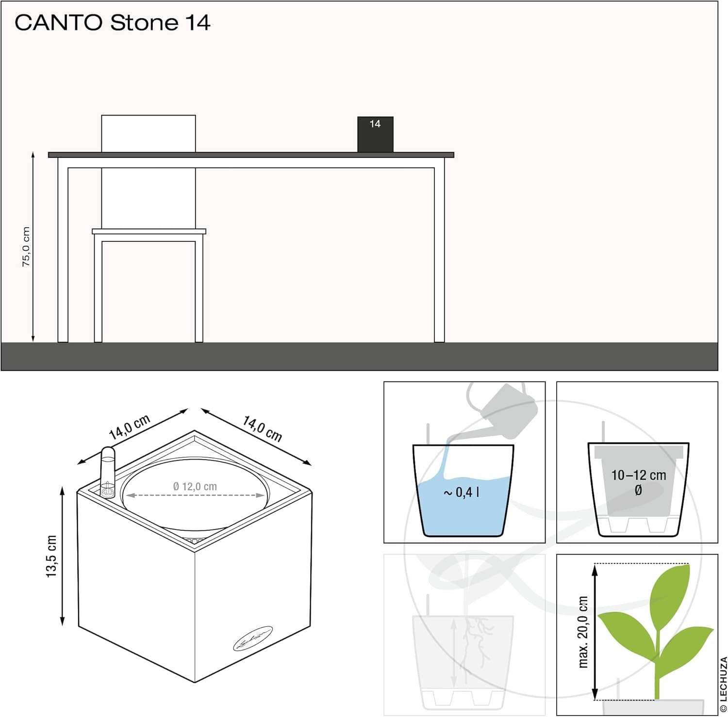 Hoogwaardig kruidenblokje LECHUZA CANTO Stone 14 met stickbewateringssysteem, steengrijs