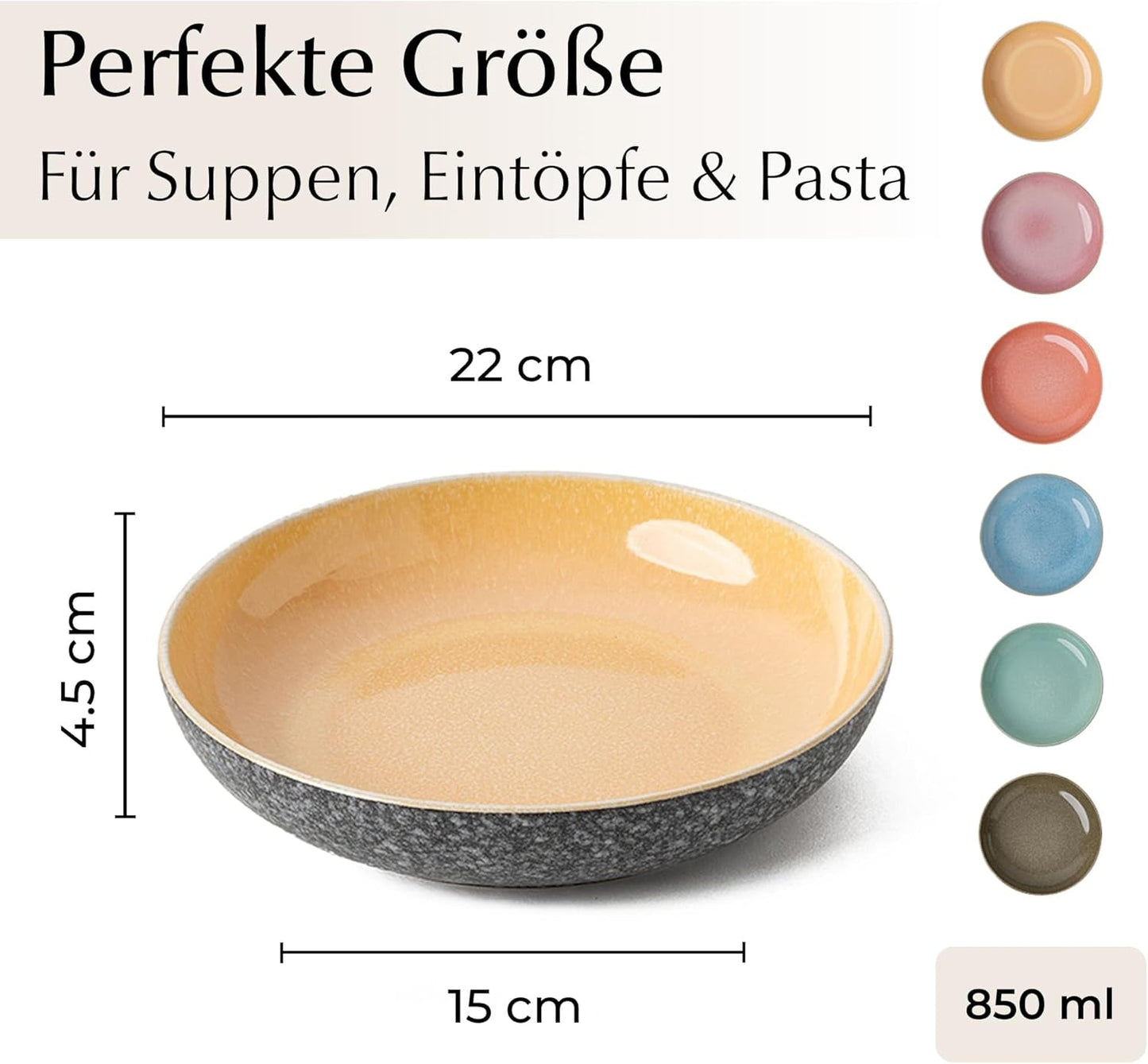 MIAMIO - Dinerborden, set van 6 (850 ml) / grote en diepe pastaborden, bordenset voor 6, keramische slakom / vaatwasser- en magnetronbestendig - Las Palmitas-collectie