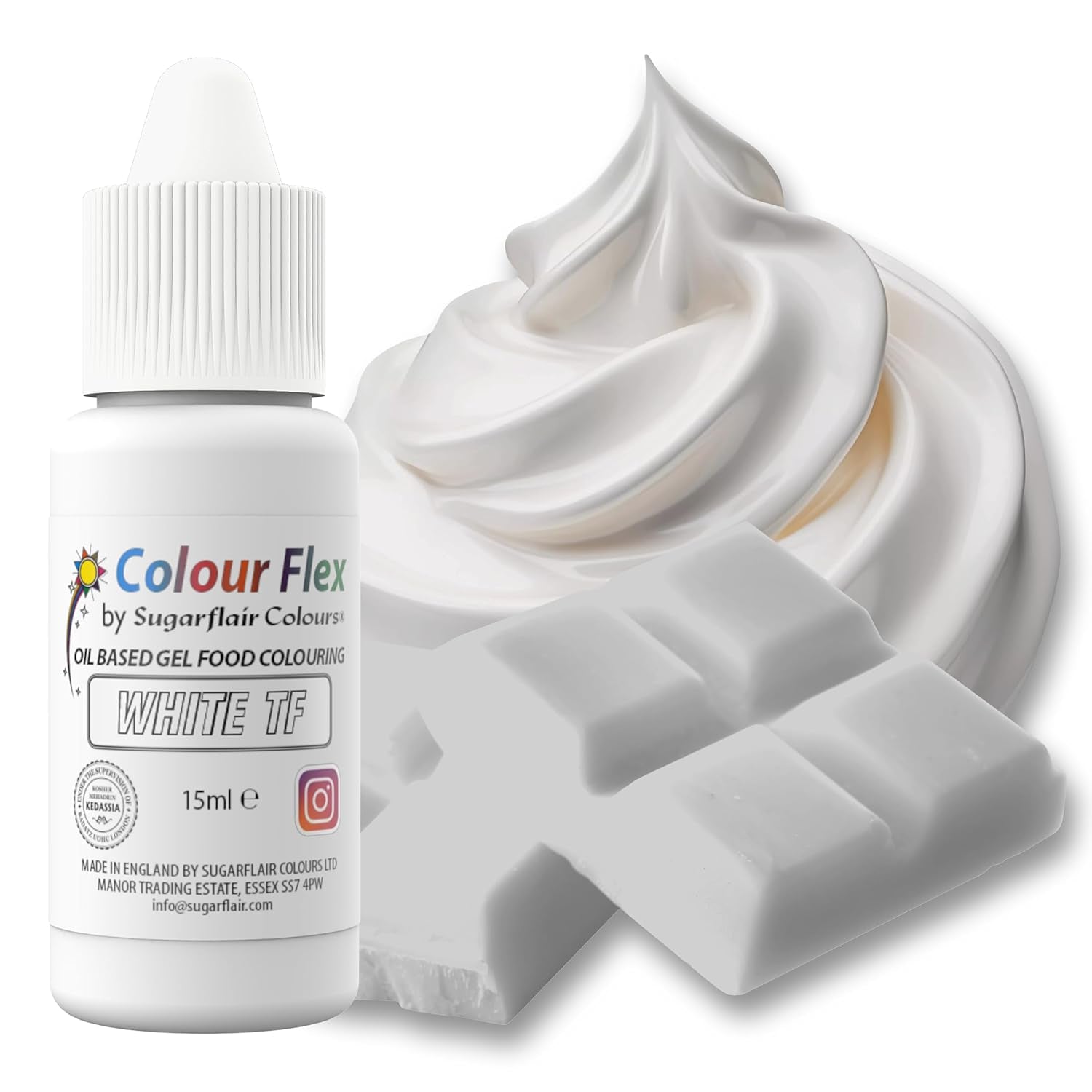Sugarflair Colourflex Witte voedingskleurstof op oliebasis, sterk geconcentreerde vloeibare voedingskleurstof, voedingskleurstof voor botercrème, chocolade, deeg, fondant, glazuur en meer - 15 ml