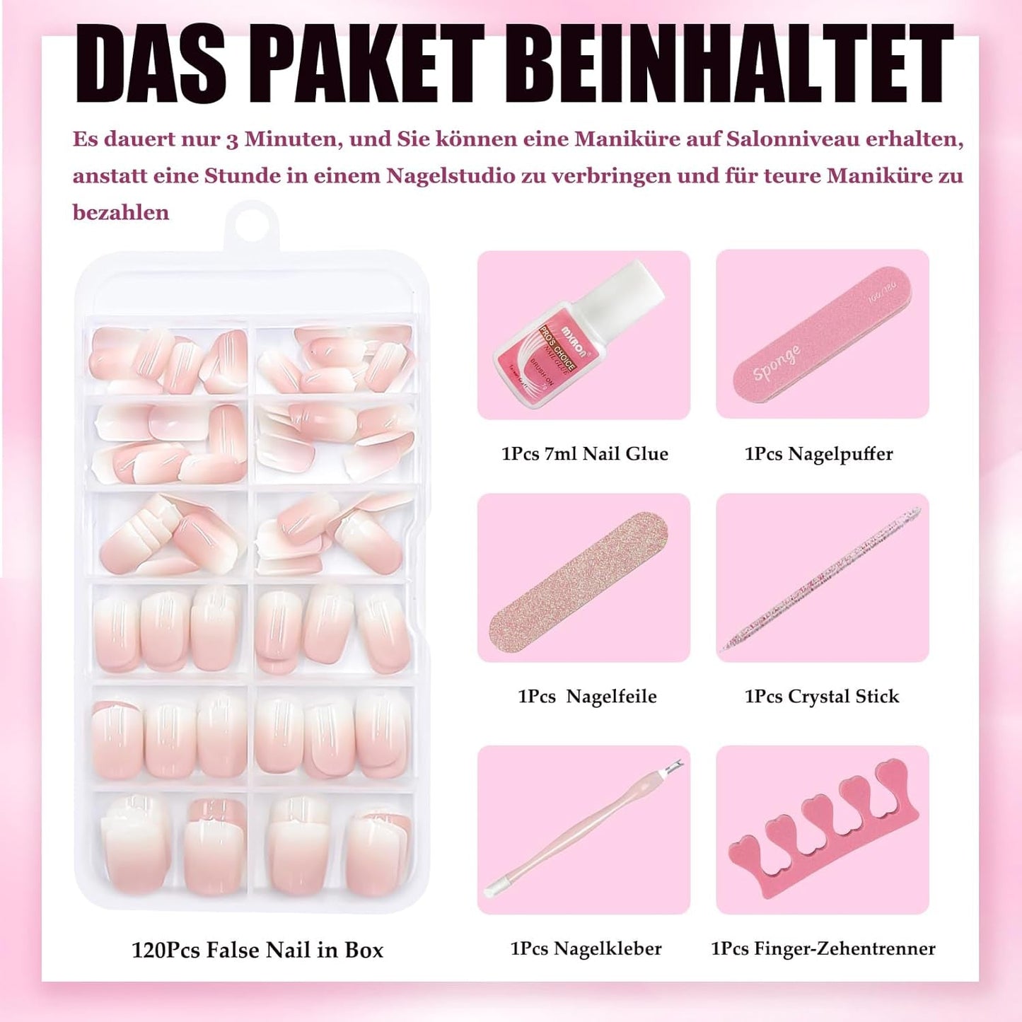 120 stuks naaktroze nepnagels met nagellijm - 12 maten korte ovale vierkante pers op nagels - mooie nagels, lijm op kunstnagels - geschikt voor dames doe-het-zelf nagelontwerp (squaval roze verloop)