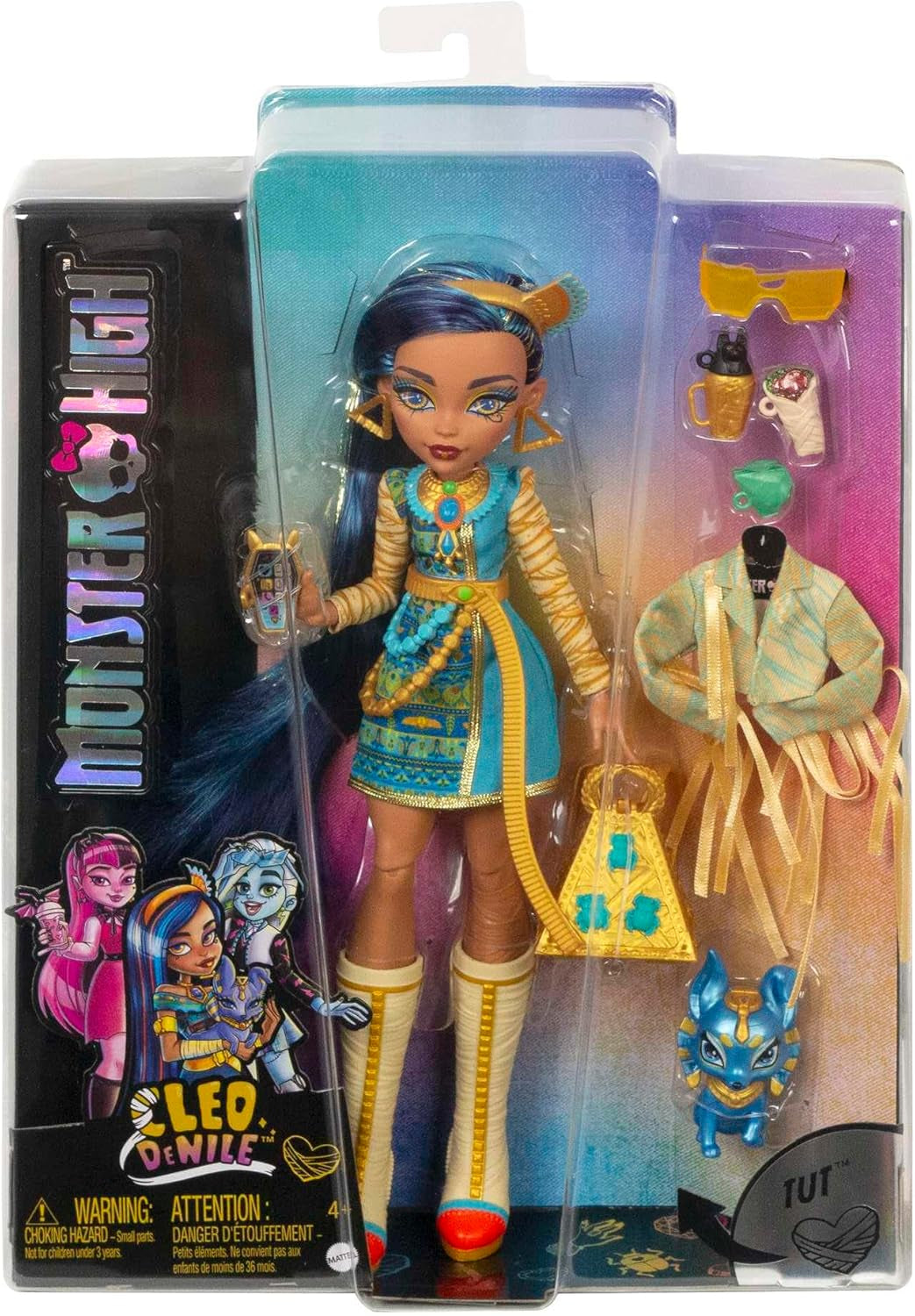Monster High Cleo de Nile Puppe, Mummie Modepuppe, Königliches Outfit, Killerstiefel, Pyramidenrucksack, Zubehör, voor kinderen vanaf 4 jaar, HHK54