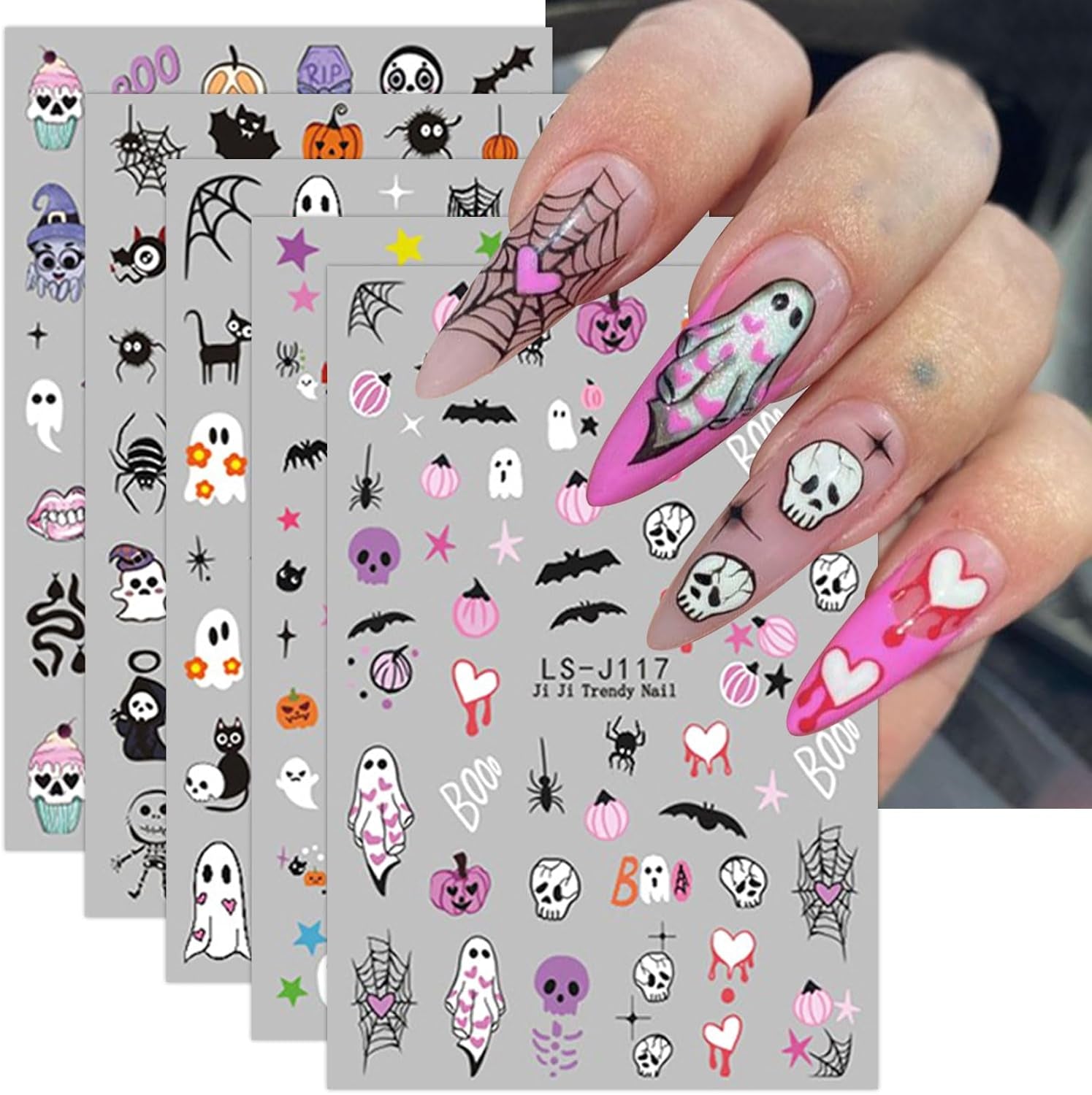 JMEOWIO Nagelsticker Halloween Süßer Geisterkürbis 9 Blatt Nail Art Sticker Selbstklebend Nagelaufkleber Decoratie Nageldesign Zubehör