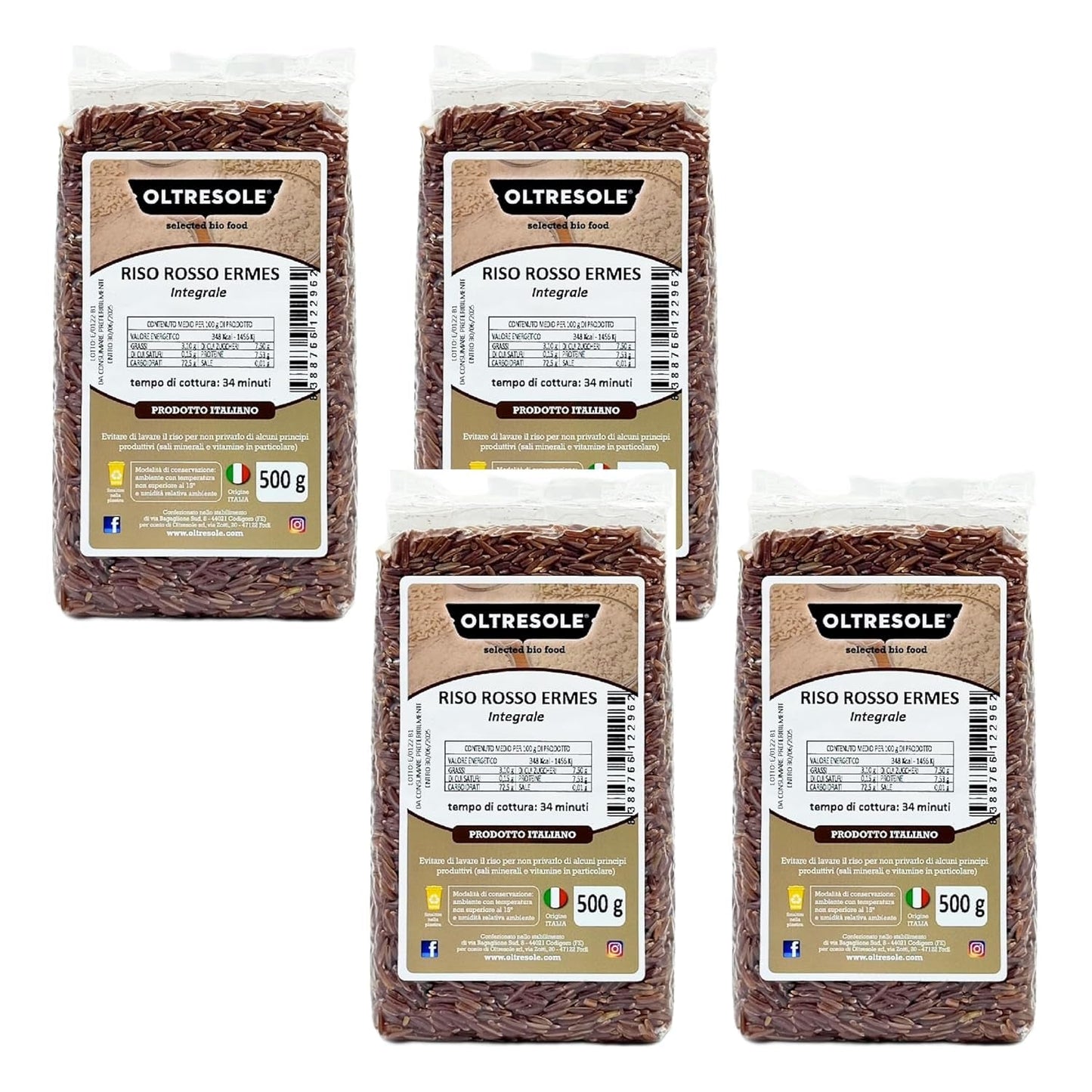 Volkoren Italiaanse rijst, vezelrijke ongeraffineerde rijst, ideaal voor creatieve rijstsalades en gezonde gerechten, vacuüm verpakt, 4 pakken x 500 g