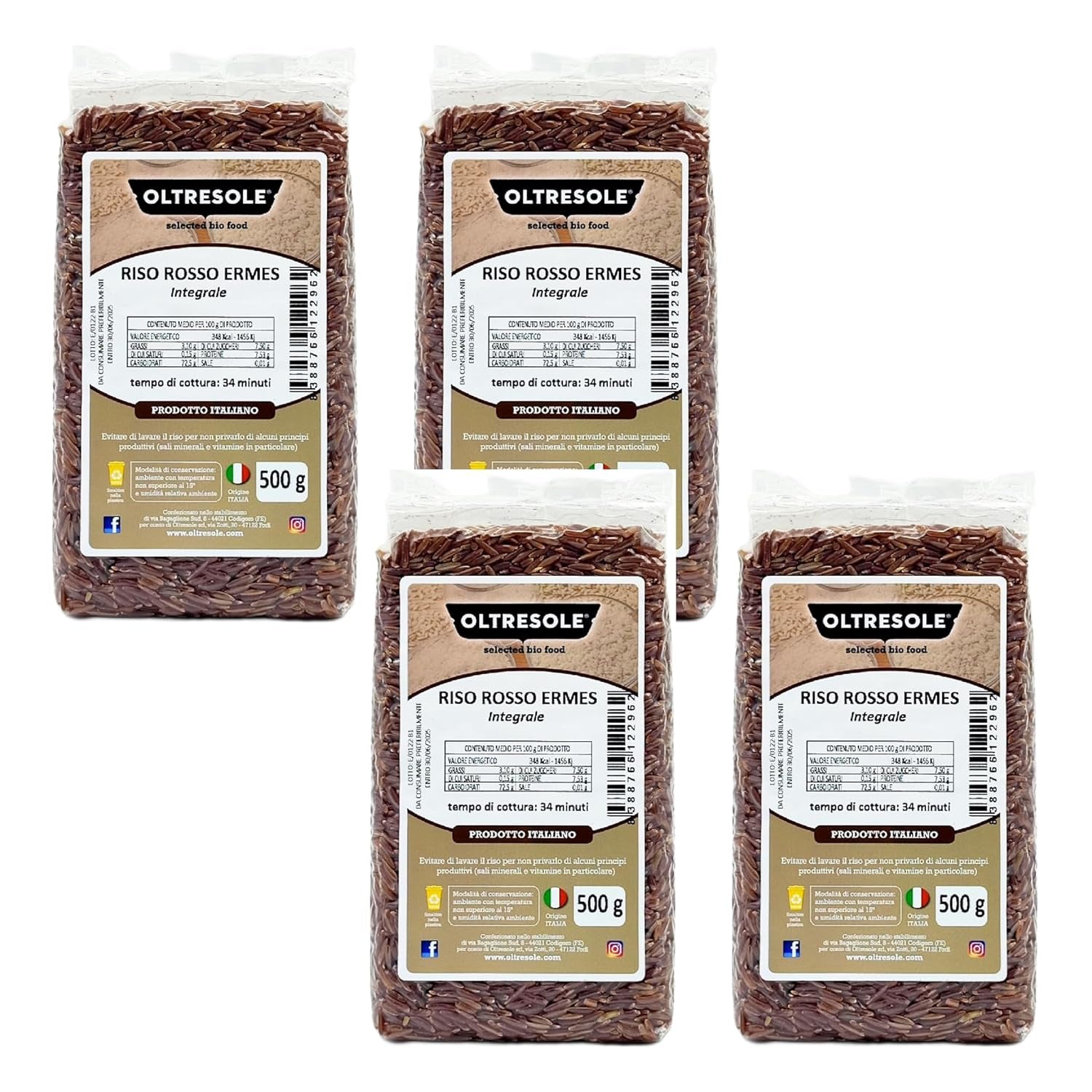 Volkoren Italiaanse rijst, vezelrijke ongeraffineerde rijst, ideaal voor creatieve rijstsalades en gezonde gerechten, vacuüm verpakt, 4 pakken x 500 g