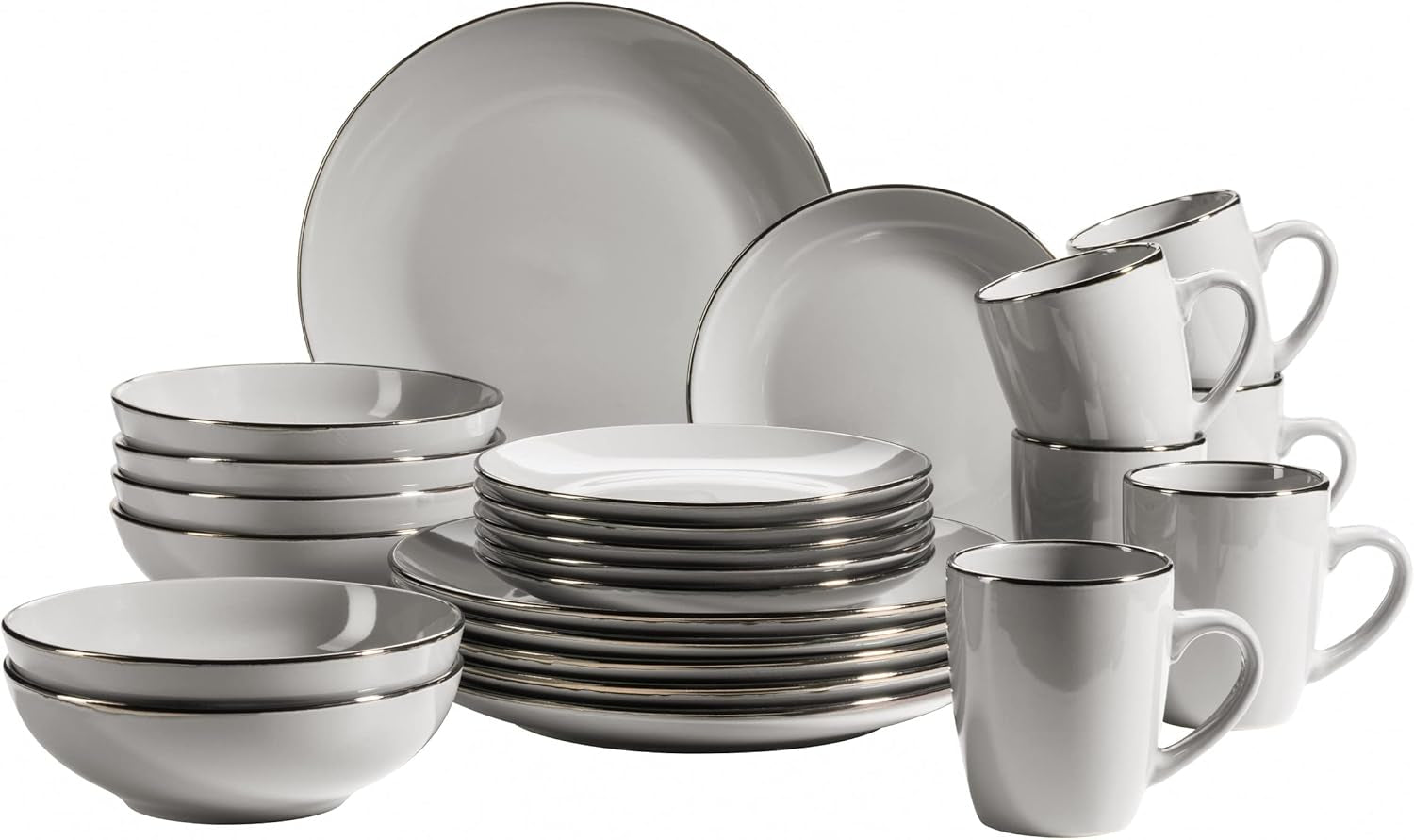 MÄSER Metalen frame, Modern 6-persoons servies met messingkleurig frame, 24-delig combinatieservies met randloze bekervormen, Steengoed, Grijs