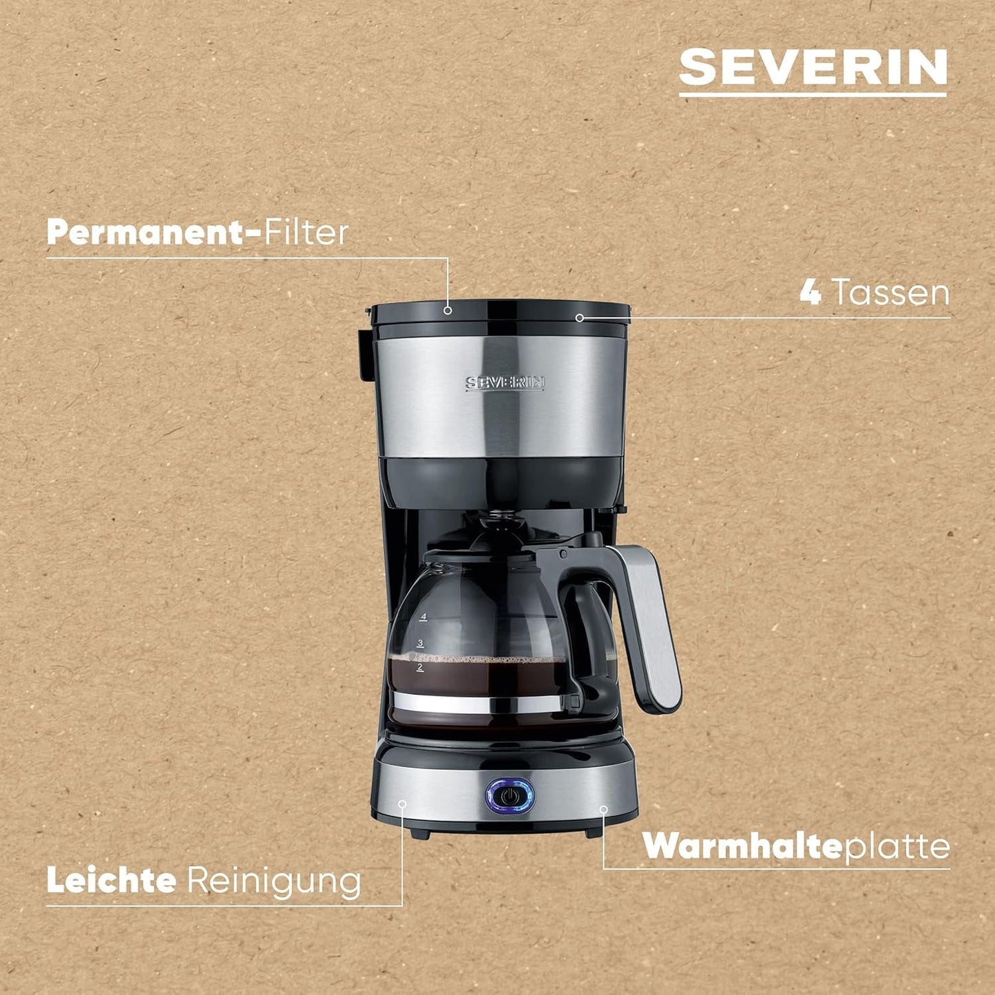 SEVERIN compacte espressomachine, aromatische koffie met koffiemachine voor maximaal 4 kopjes, espressomachine met filter en permanent oscillerend filter, roestvrij staal/zwart, KA 4808