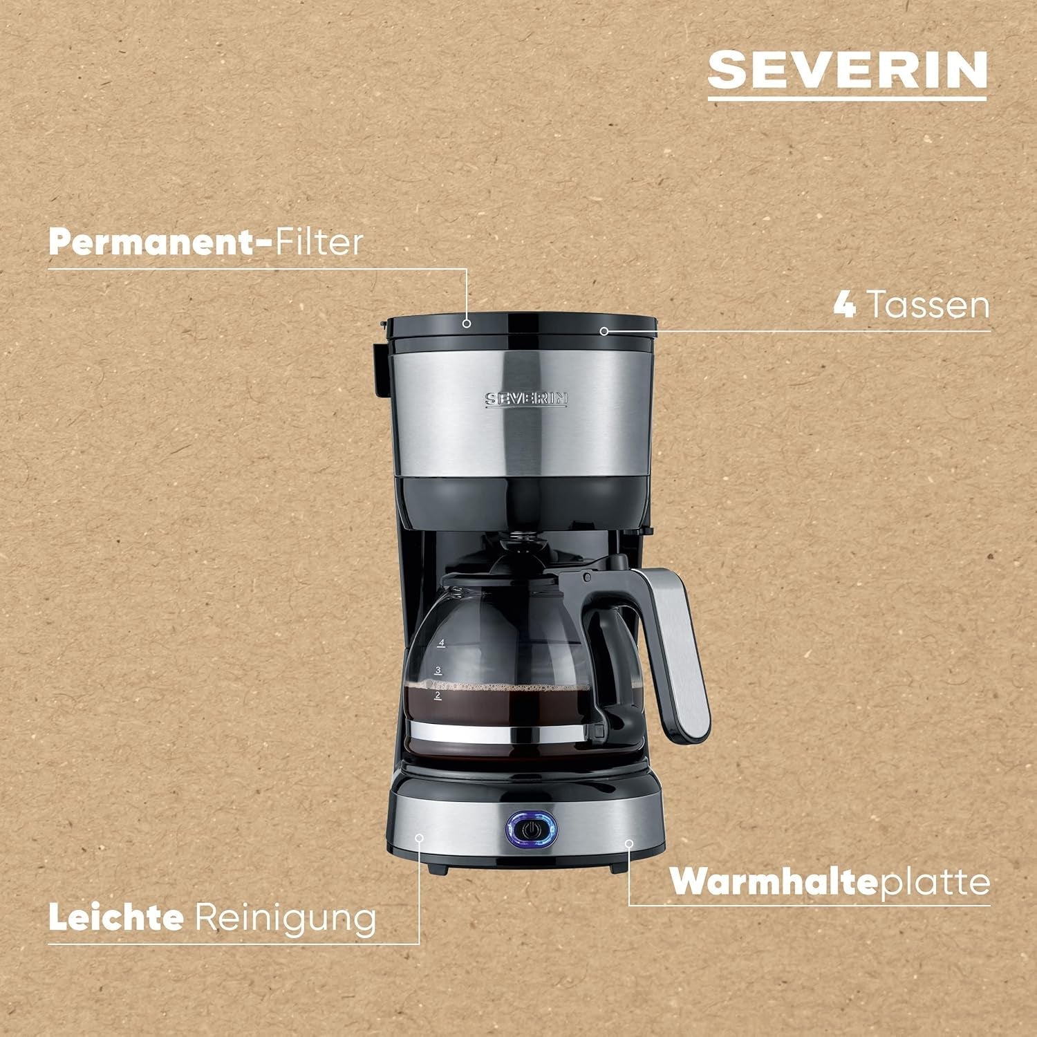 SEVERIN compacte espressomachine, aromatische koffie met koffiemachine voor maximaal 4 kopjes, espressomachine met filter en permanent oscillerend filter, roestvrij staal/zwart, KA 4808
