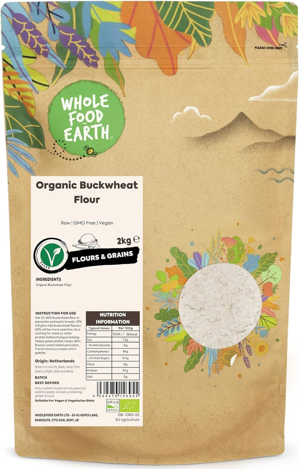 Wholefood Earth Biologisch Boekweitmeel 1kg | Wreed | Niet-GMO | Veganistisch | Gecertificeerd biologisch