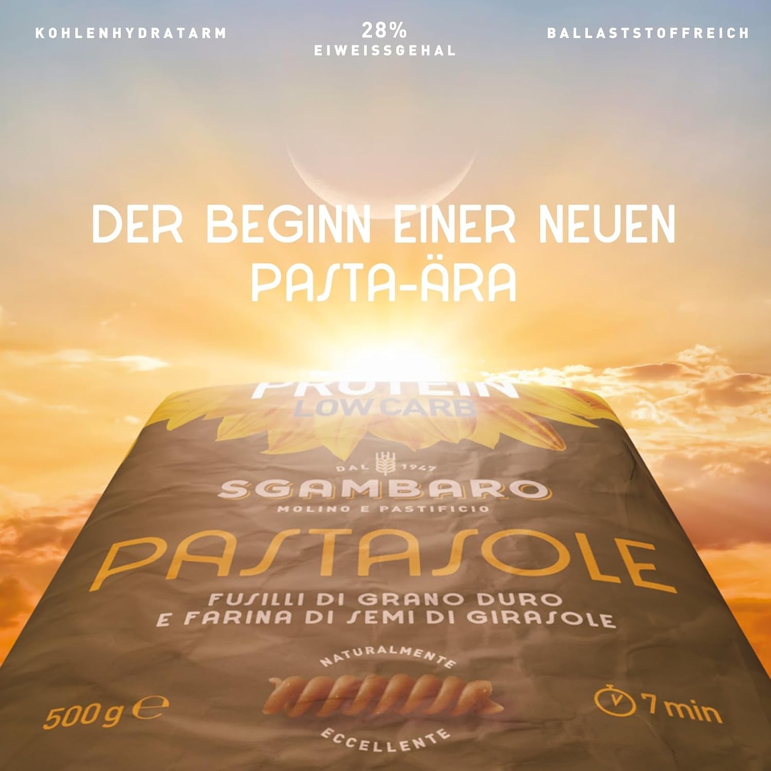 PASTASOLE, Penne Rigate met Hartweizengrieß aus 100% italienische Anbau und Sonnenblumenkernmehl - 500g - Hoog eiwit, laag koolhydraat, Hoger ballaststoffgehalt
