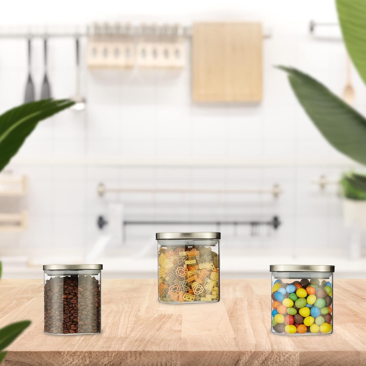Relaxdays Voorraadpotten met deksel Set van 3 vierkante voorraadpotten van 600 ml Lekvrije glazen containers Helder/zilveren voedselbewaardozen Naty Shop