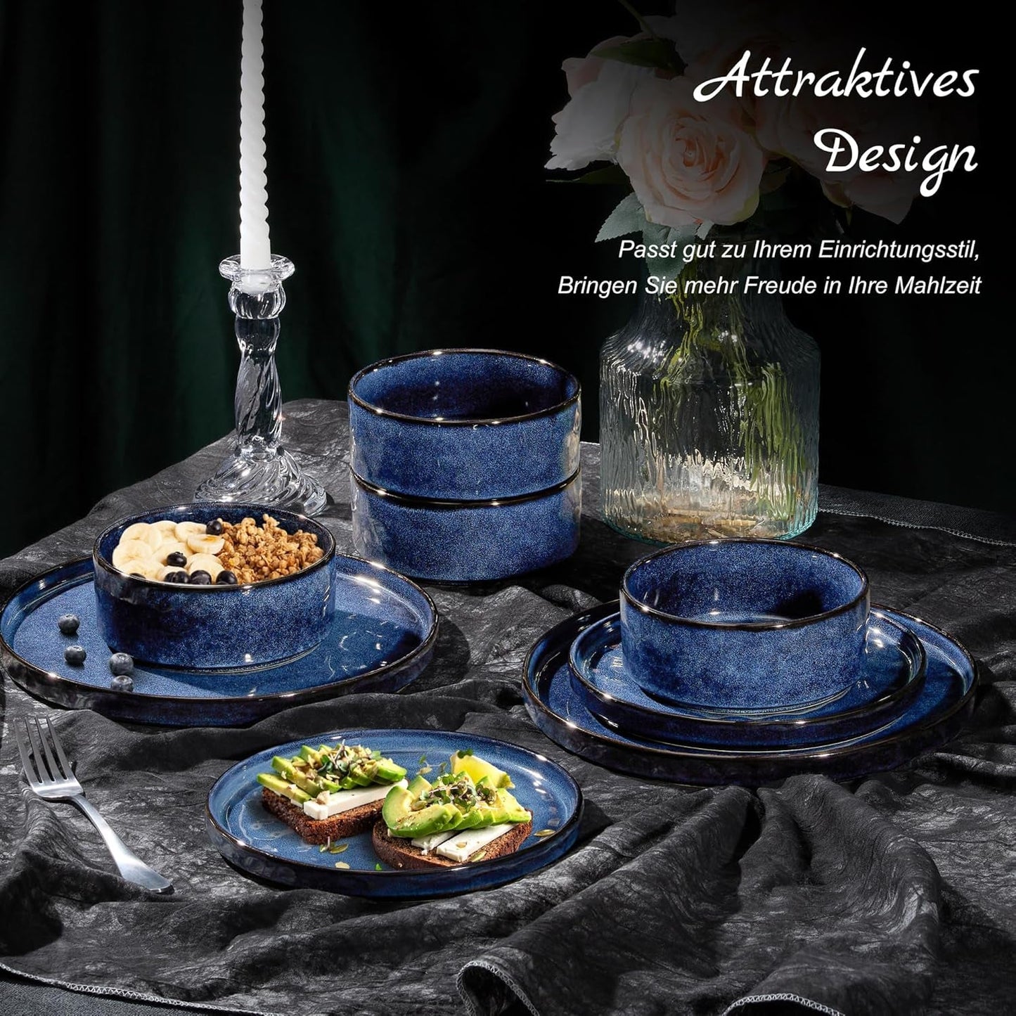 Homikit serviesset, 12-delige serviesset voor 4 personen, serviescombinatie met borden, dessertborden en ontbijtgranenschalen, magnetron- en vaatwasserbestendig, elegant blauw