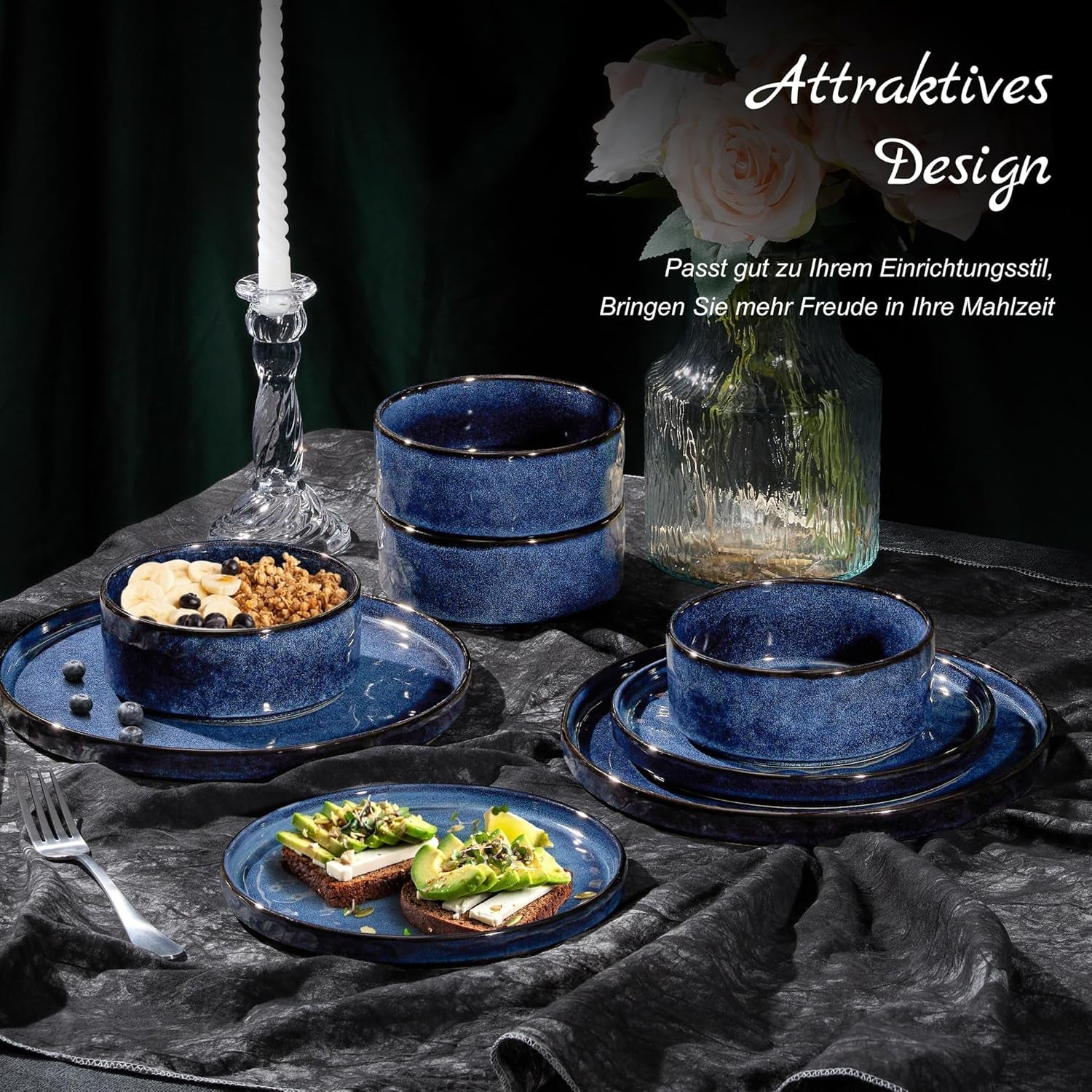 Homikit serviesset, 12-delige serviesset voor 4 personen, serviescombinatie met borden, dessertborden en ontbijtgranenschalen, magnetron- en vaatwasserbestendig, elegant blauw