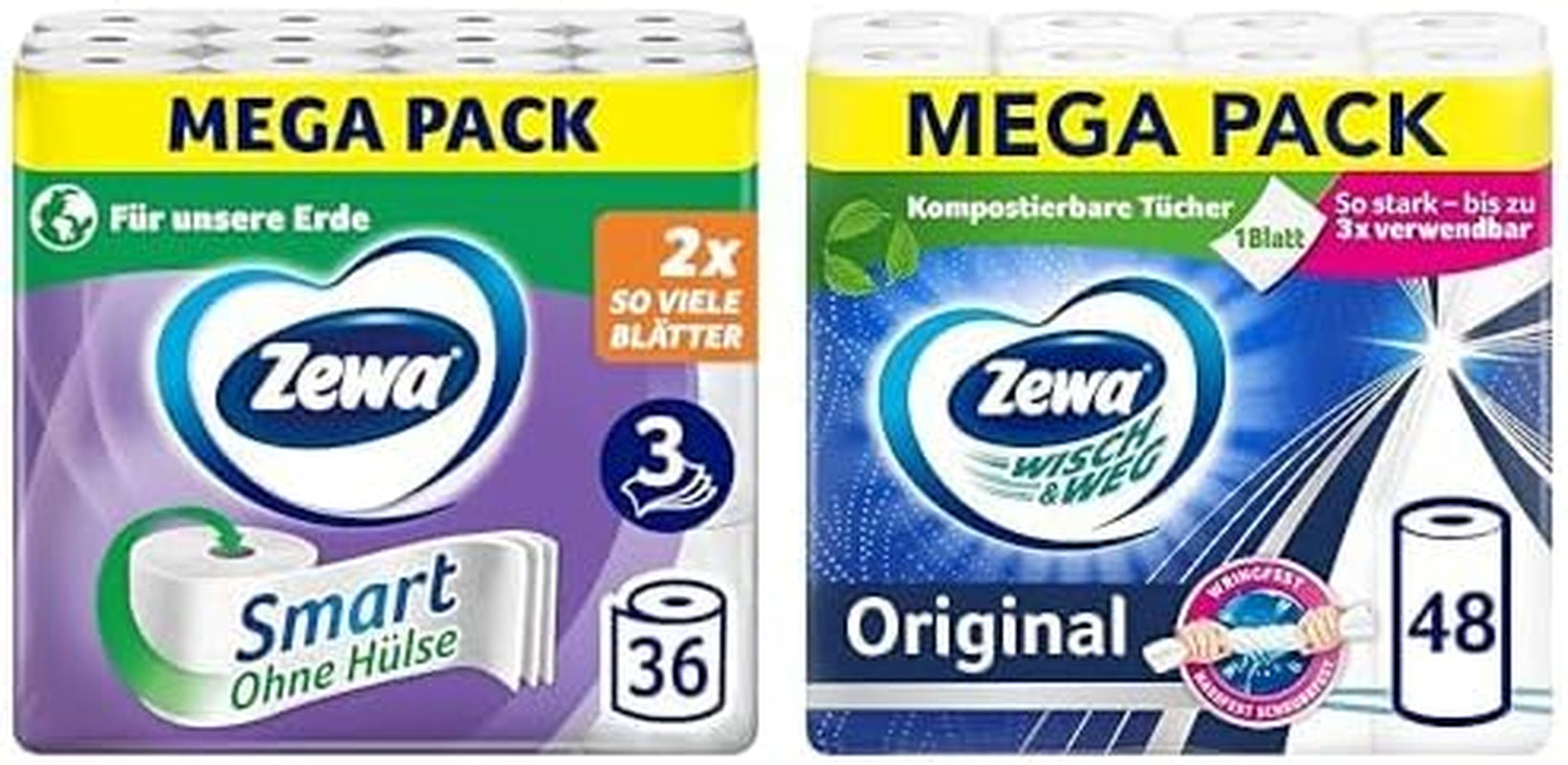 Voordeelpakket Zewa Smart toiletpapier 36 rollen + Zewa Wisch&Weg 48 rollen
