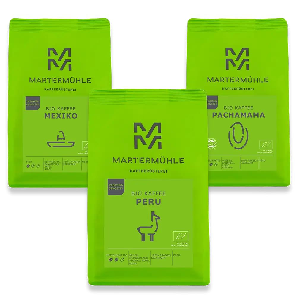 Martermühle biologische koffiebonen proefset 3x250g licht/middelsterkte I Arabica I Hele biologische koffiebonen licht gebrand, lage zuurgraad (68/74/426)