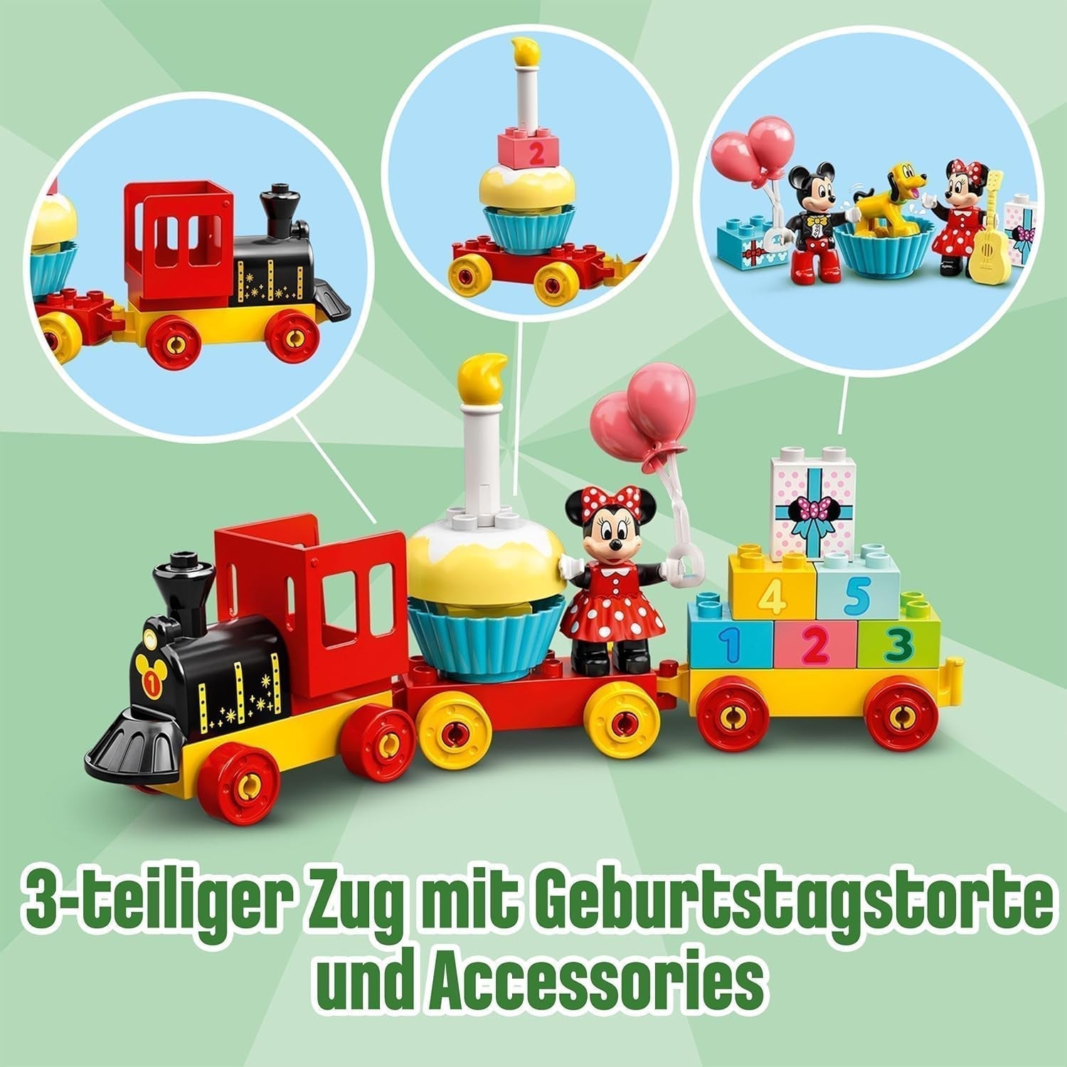 LEGO 10941 DUPLO Disney Mickey en Minnie verjaardagstrein, speelgoedtrein met taart en ballonnen, cadeau voor kinderen vanaf 2 jaar Bouwsets Besuche den LEGO-Store