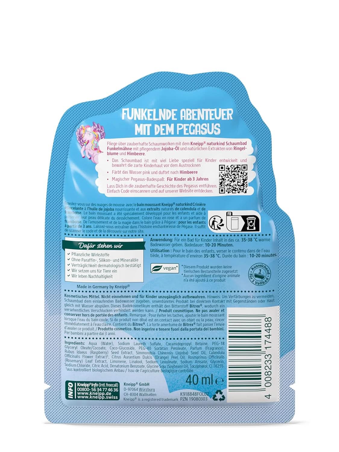 Kneipp Naturkind, eenhoornbadadditief voor kinderen met frambozensmaak en voedende jojoba-olie, 40 ml Douche en bad Naty Shop