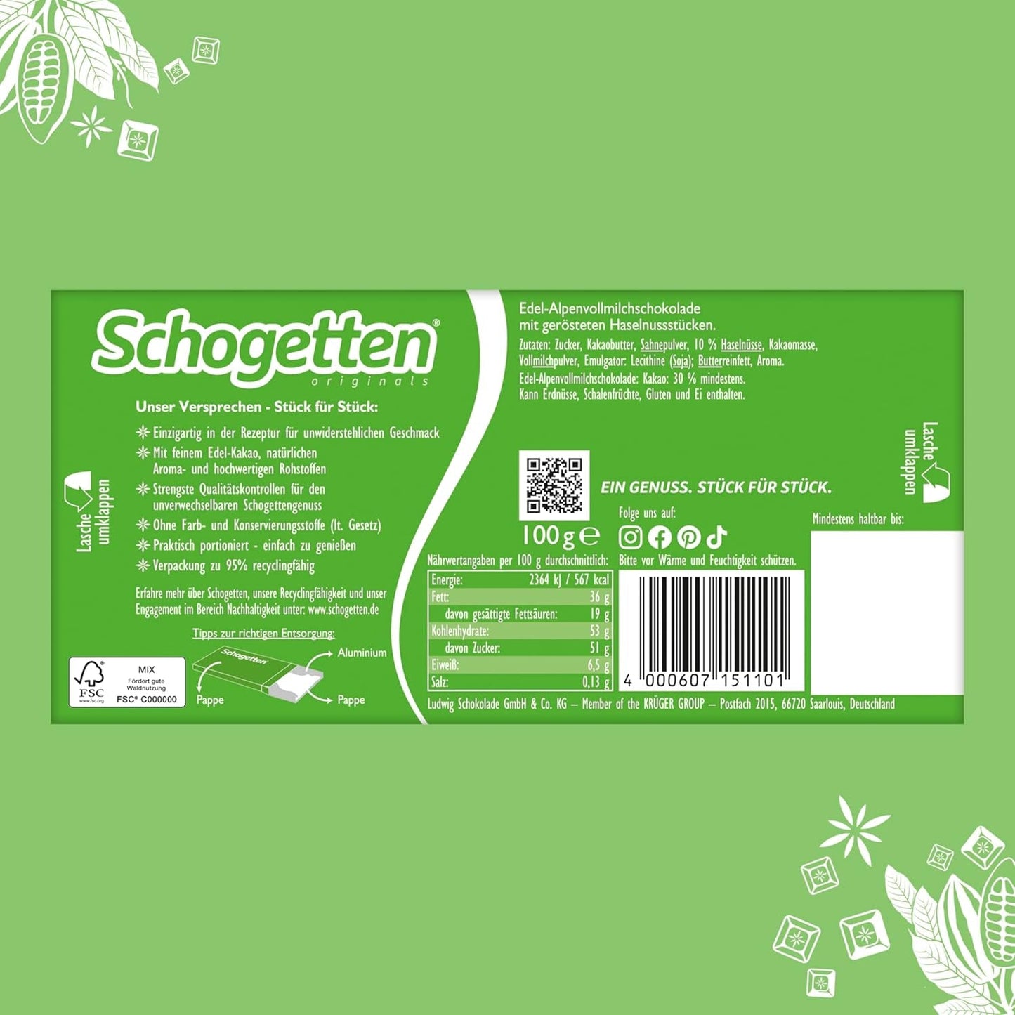 Schgetten Premium Alpenmelkchocolade met Hazelnoten, 100g chocoladereep, individueel geportioneerd. Een genot. Stuk voor stuk.