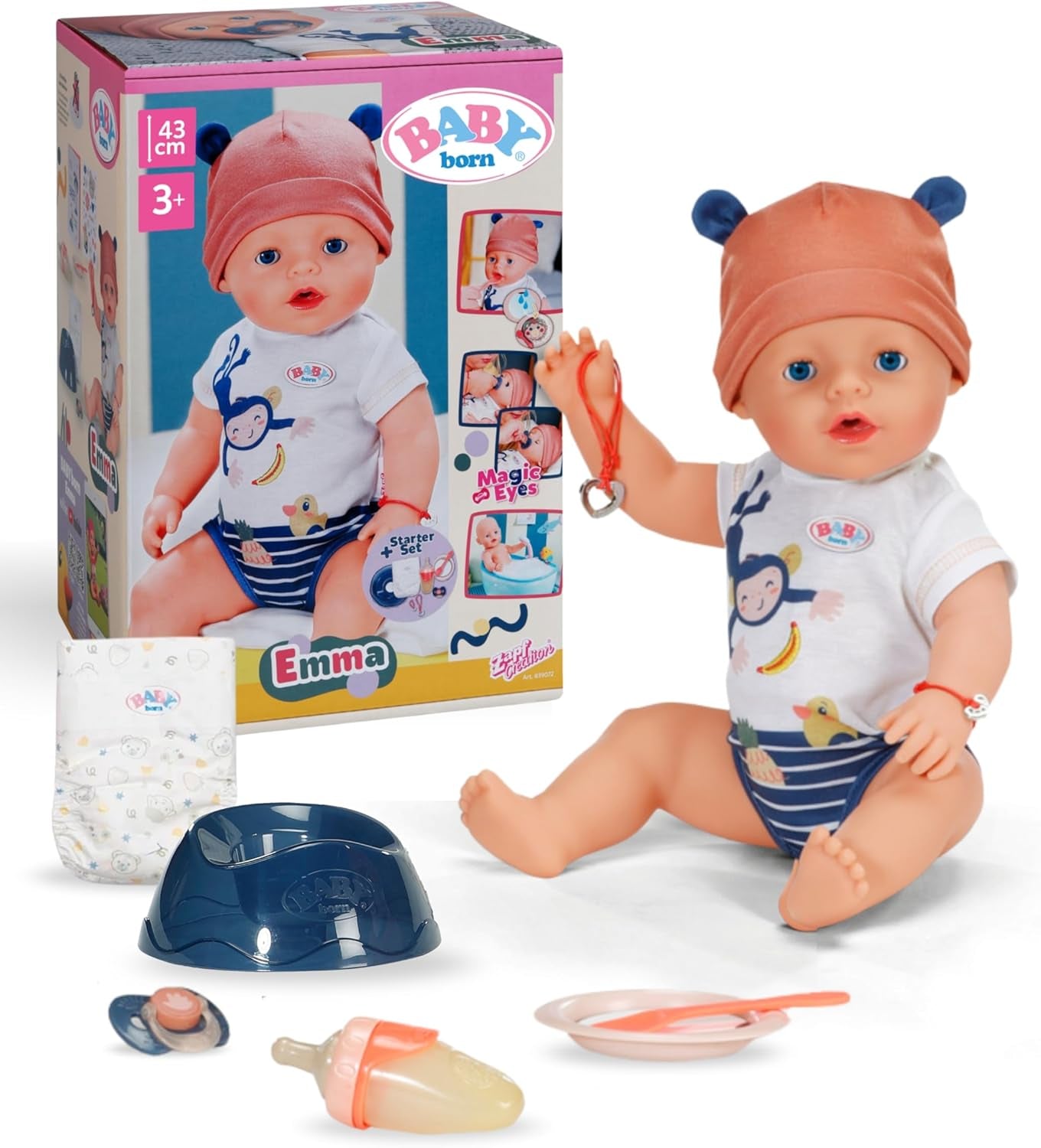 Baby Born Emma Jungle Style pop - 43 cm - 10 functies inclusief accessoires en bodysuit in unisex kleuren - Werkt zonder batterijen - Geschikt voor kinderen vanaf 3 jaar