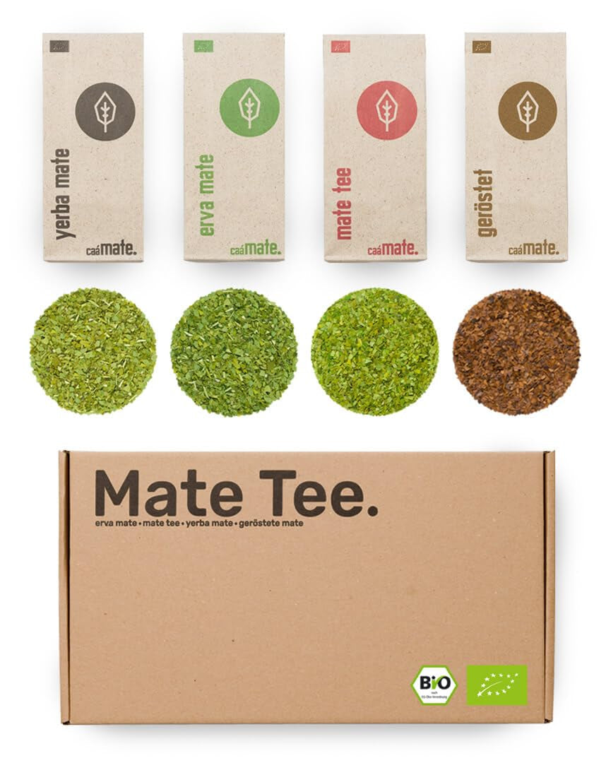 Mate thee proefset ● 4 soorten biologische Mate thee ● 100 g elk Erva Mate + Yerba Mate + Groene Mate thee + Geroosterde Mate thee