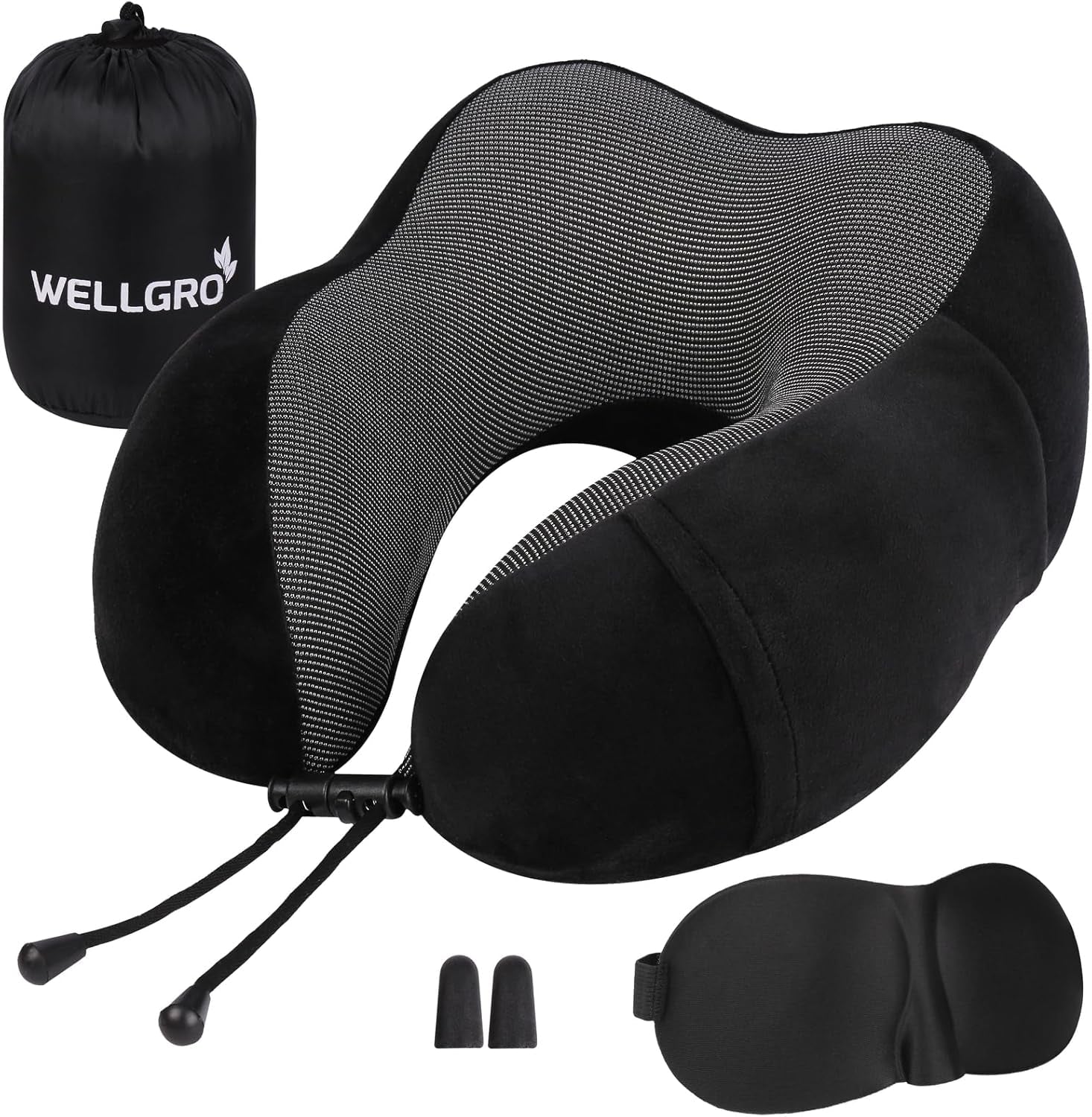 WELLGRO Nekkussenset met 3D-slaapmasker en oordopjes - Afneembare hoes - Traagschuim - Ritssluiting - Inclusief opbergtas - Reiskussen - Kleur selecteerbaar, Kleur: Grijs Naty Shop Orthopedische Cervicale Kussens Zwart