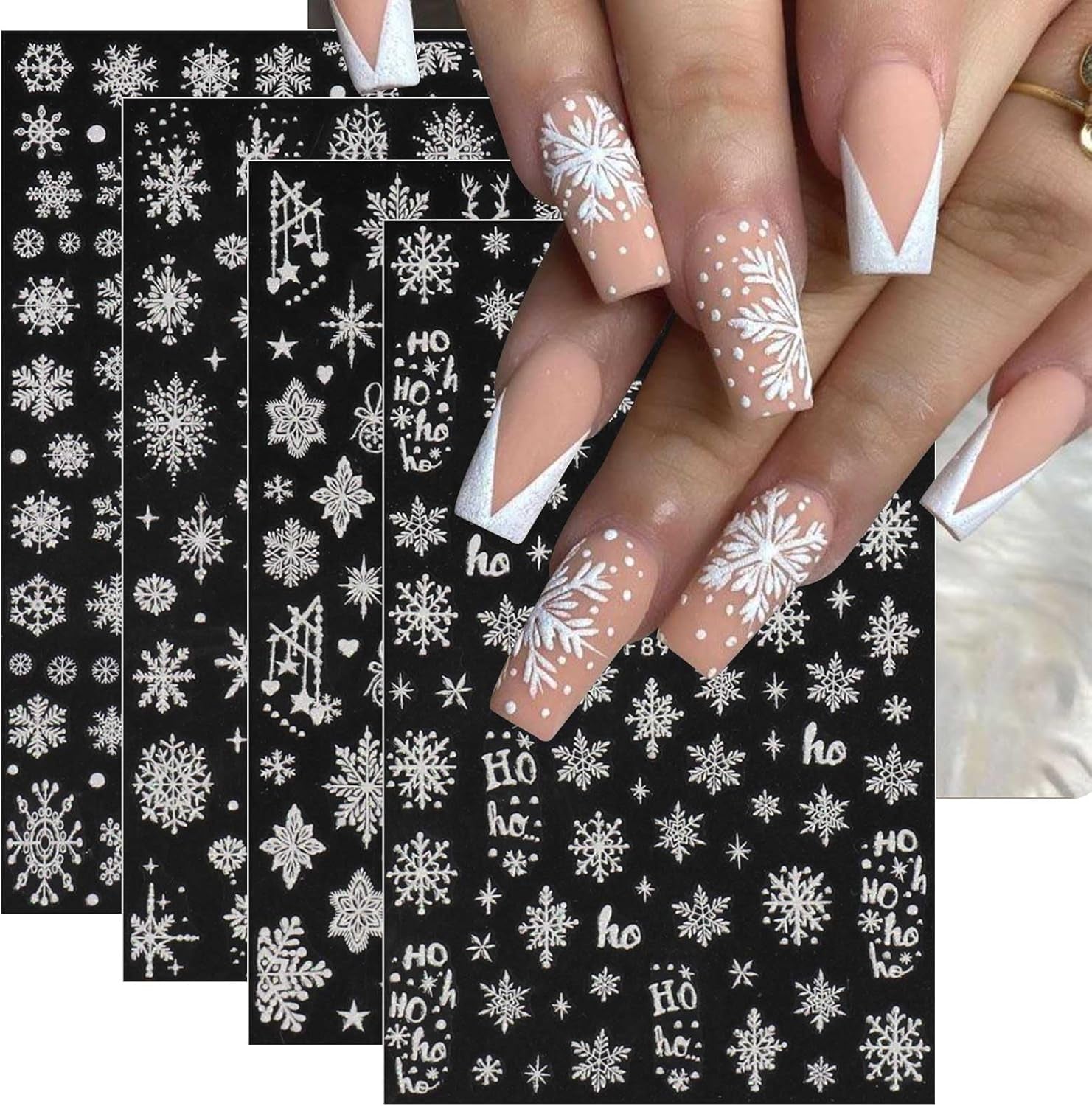 JMEOWIO Nagelsticker Weihnachten Weiß Glitter 8 Blatt Nail Art Sticker Selbstklebend Nagelaufkleber Schneeflocke Winter Holiday Decoratie Nageldesign Zubehör