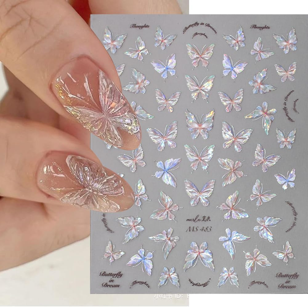 Glanzende Aurora Shell Schmetterling Nagelsticker Selbstklebend,Erleichterung Schmetterlinge Nail Sticker Rosa Laser Schmetterling Nagelaufkleber Für Frauen Nageldesign Zubehör Nagel Zubehör Nail Art