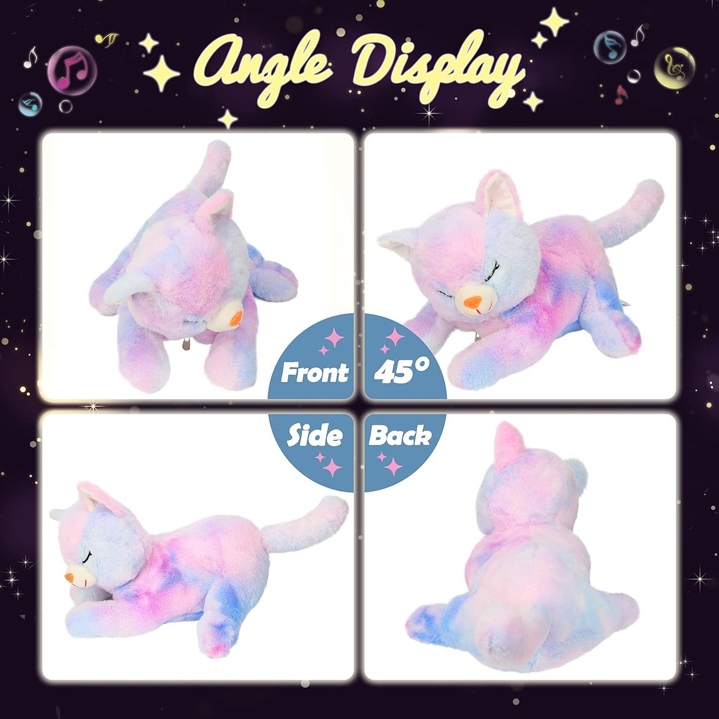 LED-muzikale pluche kat, licht zingend speelgoed, moederkat met 3 kittens in de buik, geanimeerd slaapliedje, rustgevend speelgoed voor moeders, kinderen, kleine meisjes, regenboog, 45 cm
