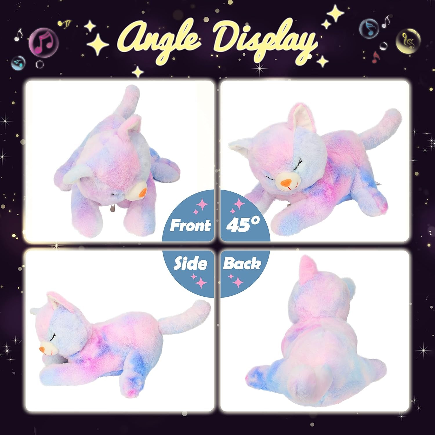 LED-muzikale pluche kat, licht zingend speelgoed, moederkat met 3 kittens in de buik, geanimeerd slaapliedje, rustgevend speelgoed voor moeders, kinderen, kleine meisjes, regenboog, 45 cm