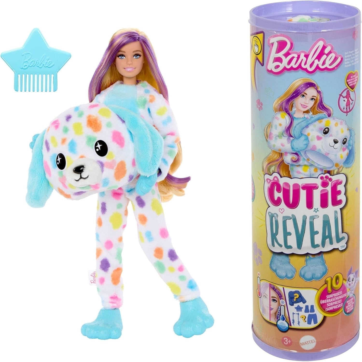 Barbie Cutie-onthullingspop en accessoires, Batik Bunny-pluchekostuum en 10 kleurveranderende verrassingen, Color Dream-serie, HRK38 Naty Shop-poppen Rainbow Dalmatian