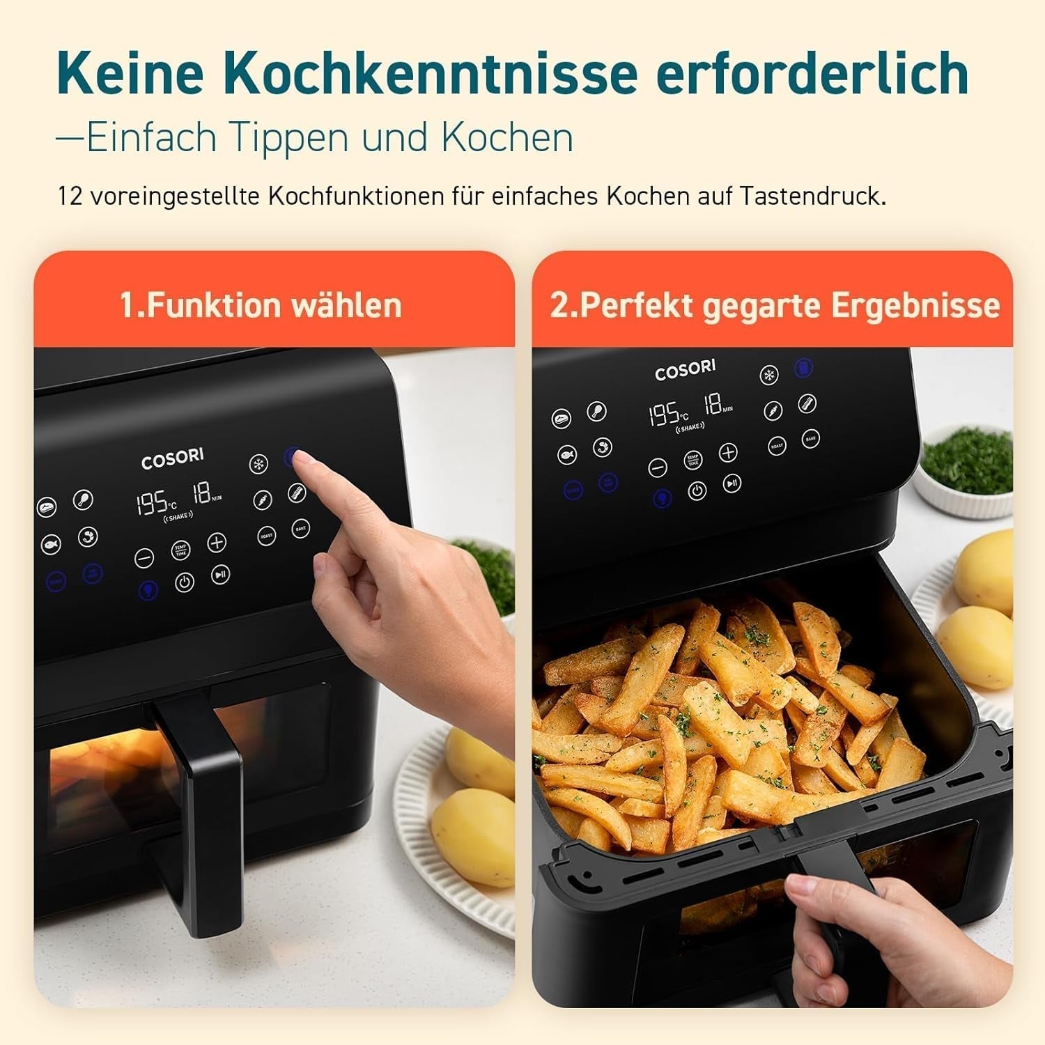 COSORI Heteluchtfriteuse Airfryer, 12-in-1 Luchtfriteuse XXL 6,2L, Heteluchtfriteuse met kijkvenster en roerherinnering, 80 recepten Huishoudelijke apparaten Naty Shop