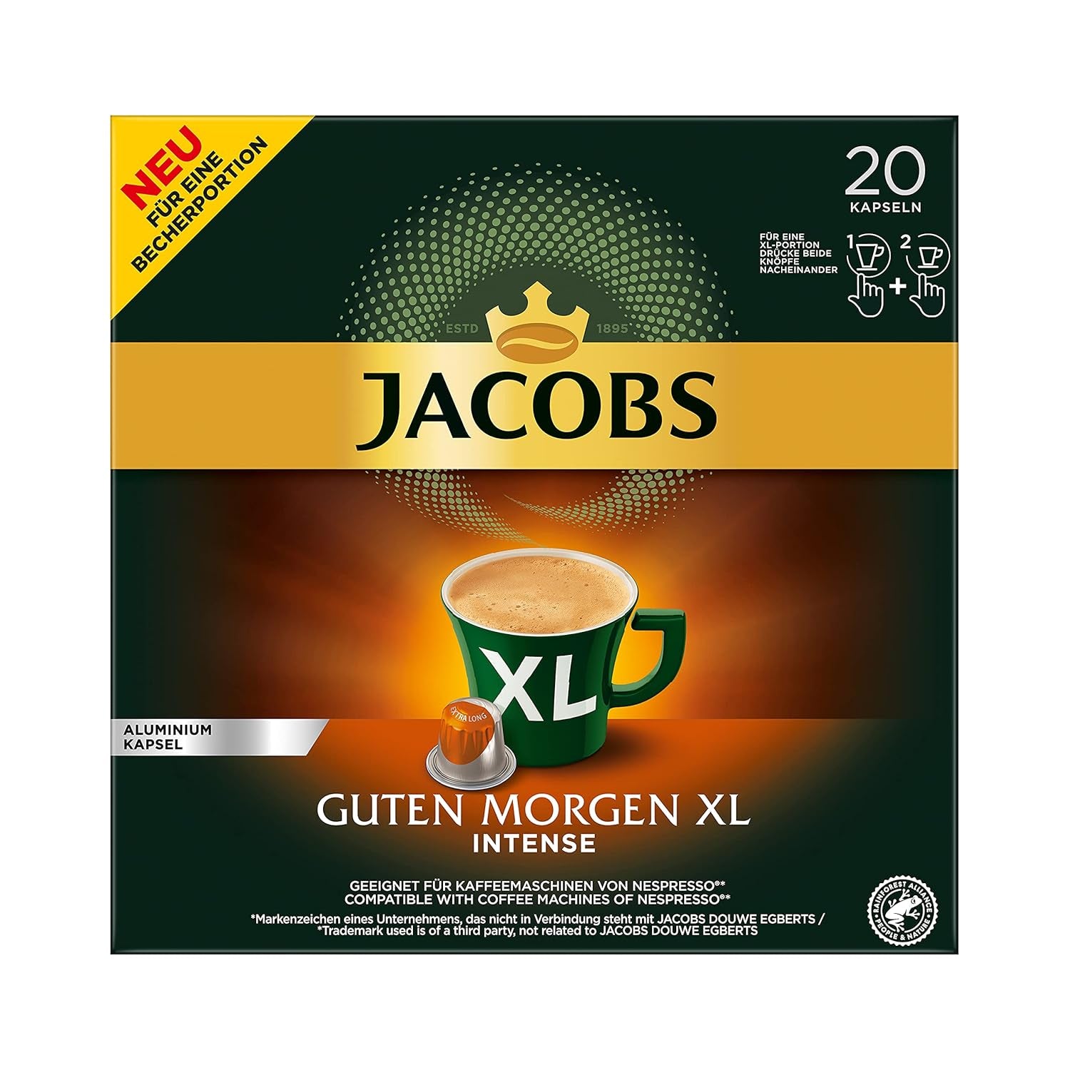 Jacobs Kaffeekapseln Guten Morgen XL Intense - 10er Pack (10 x 20 Getränke) & Kaffeekapseln Lungo Decaffeinato- Intensität 6- 200 Nespresso compatibele Kapseln, 10er Pack, 10 x 20 Getränke