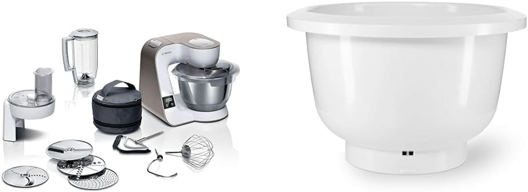 Bosch Series 4 MUM5X720 keukenmachine, geïntegreerde weegschaal, roestvrijstalen kom 3,9L, mixer 1,25L, 1000W Accessoires Voeding en borstvoeding Baby Naty Shop Pakket met mengkom Champagne Wit 2 accessoires