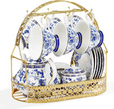 Fanquare porseleinen theeservies met blauwe bloem en metalen standaard Vintage porseleinen koffiekop en schotel Engelse koffieset voor volwassenen