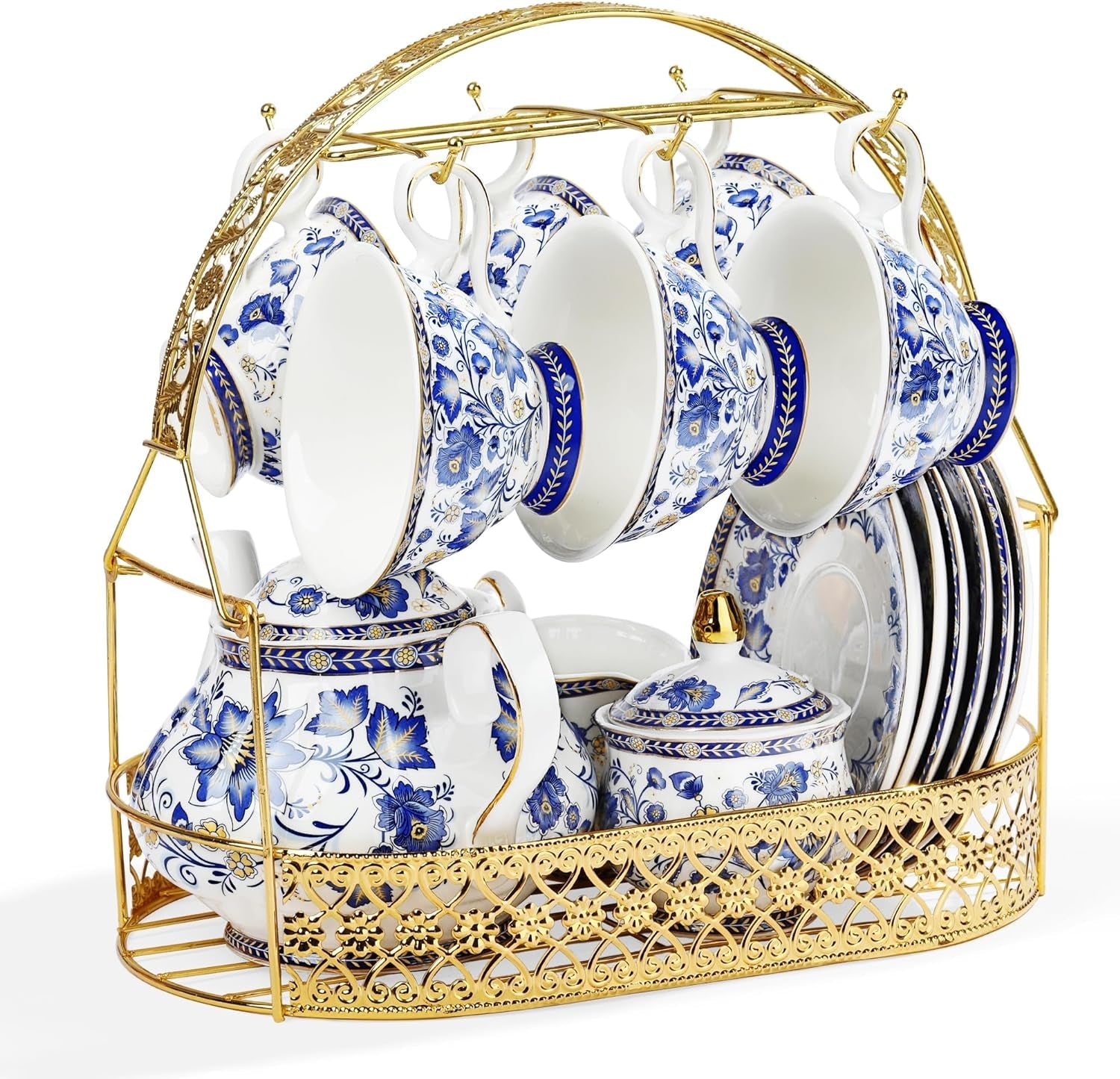 Fanquare porseleinen theeservies met blauwe bloem en metalen standaard Vintage porseleinen koffiekop en schotel Engelse koffieset voor volwassenen