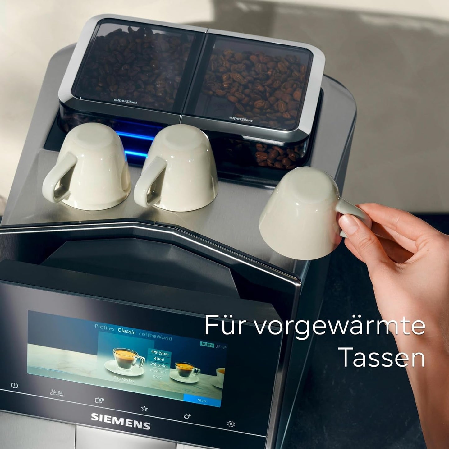 Siemens EQ900 automatische espressomachine, groot TFT-kleurenscherm, 2 bonencontainers, 36 warme en koude dranken, koude koffie, superstil, tweekopsfunctie, app-bediening, roestvrij staal, TQ907D03