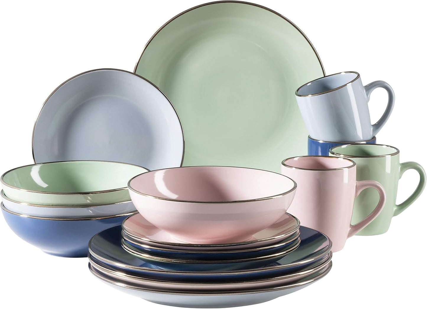 MÄSER 931870 Metalen frame, Moderne serviesset voor 4 personen met messingkleurig frame, 16-delige combinatieset met coupevormen zonder frame, Veelkleurig, Steengoed, Pastel'n'Blue