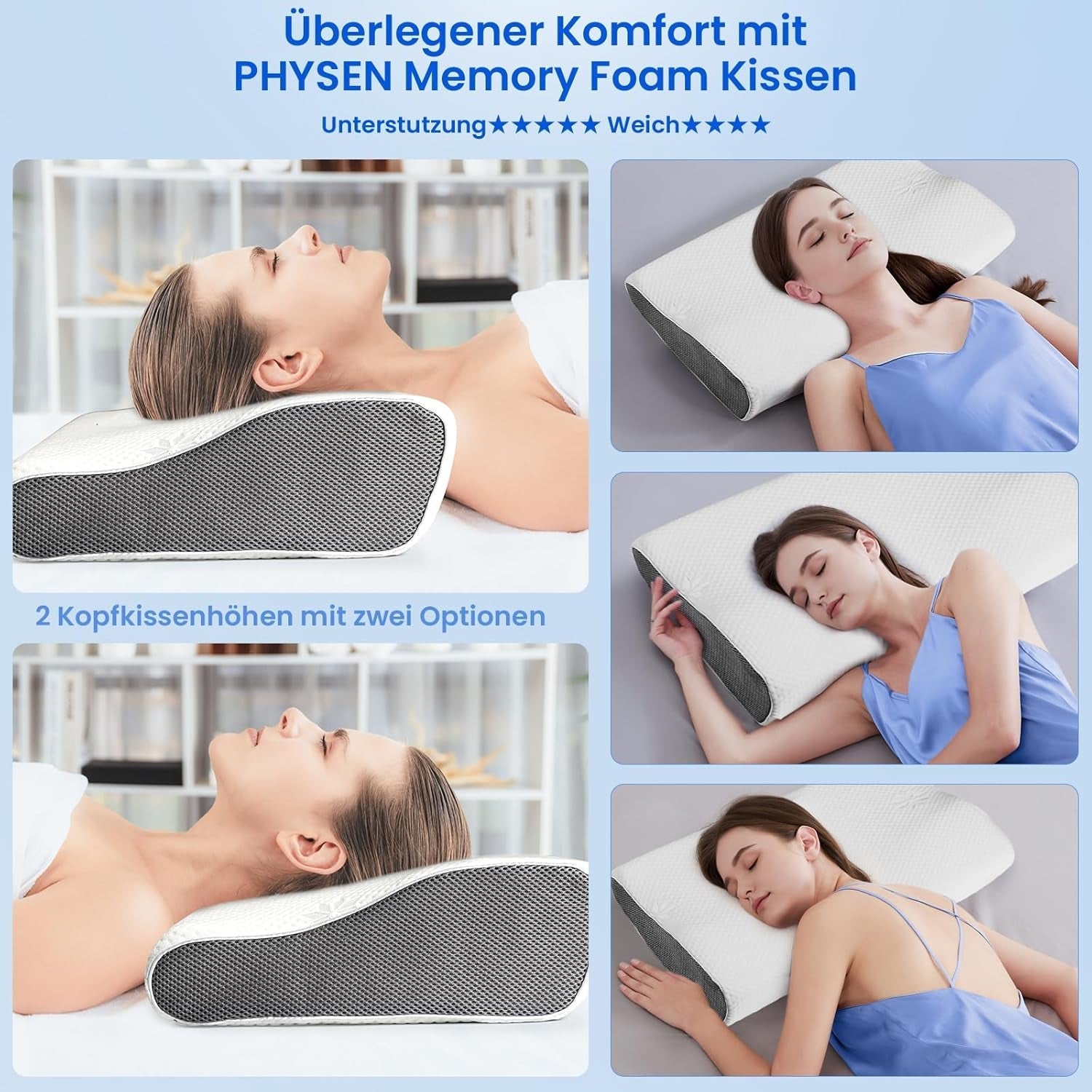 PHYSEN Orthopedisch kussen Nekkussen, neksteunkussen, traagschuimkussen, ergonomisch nekpijnkussen Slaapkussen Anti-snurkkussen voor zijkanten, rug en buik (62 * 34 * 11,6,5 cm) Cervicale orthopedische kussens Naty Shop