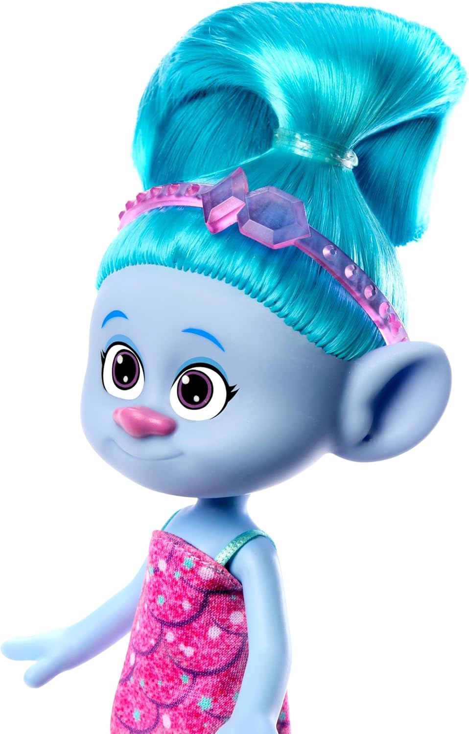 Mattel DREAMWORKS TROLLS United We Stand - Chenille harige verrassingspop met sprankelend blauw haar, paarse hoofdband, vanaf 3 jaar, HNF15