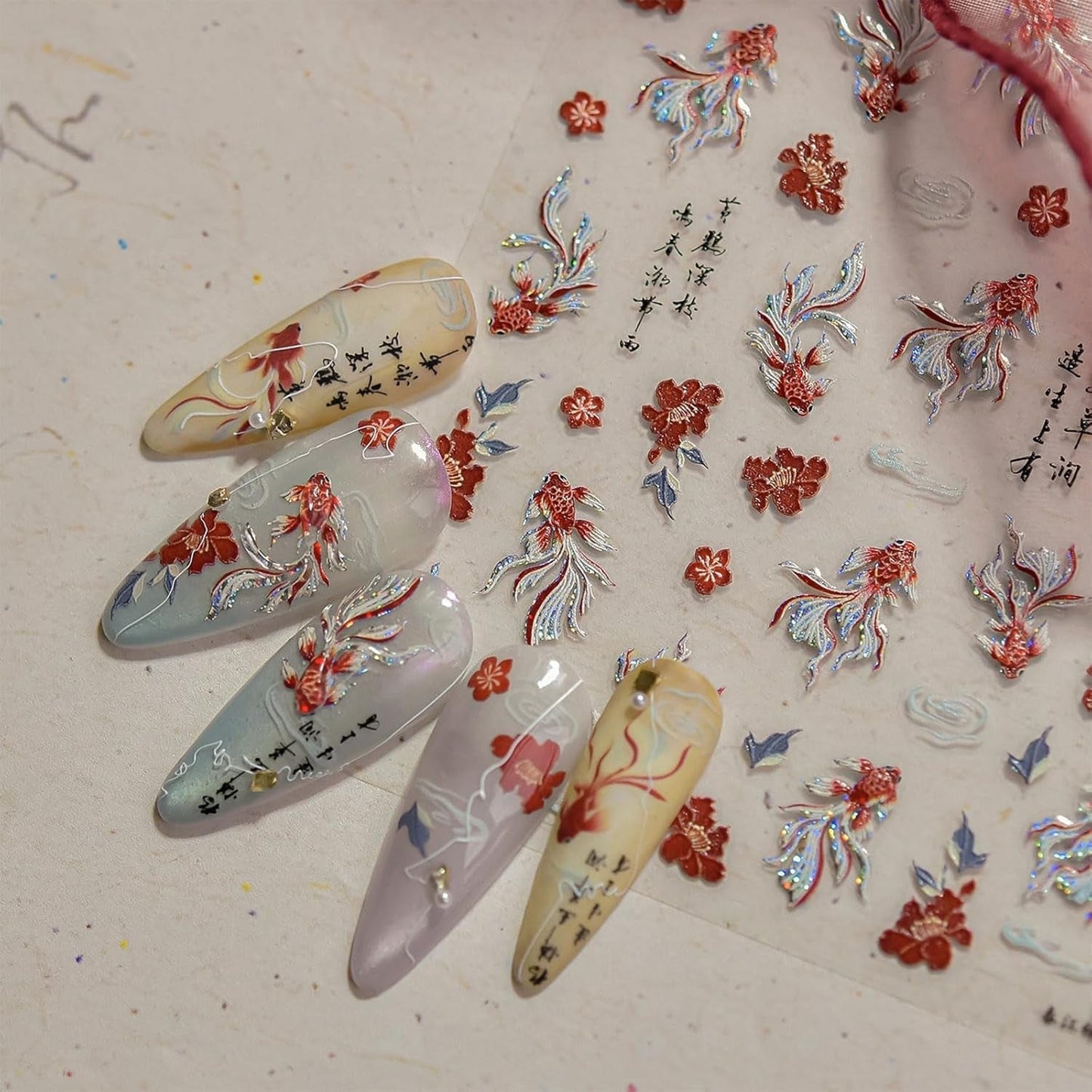JMEOWIO 3D Nagelsticker Koi Fisch Nail Art Sticker Selbstklebend Nagelaufkleber 5D Stereoskopische Decoratie Nageldesign Zubehör 1 Blatt