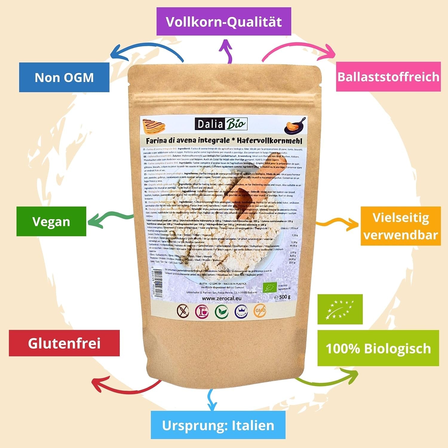 Dalia - Biologisch volkoren havermeel 500g | Glutenvrij | Rijk aan vezels en eiwitten. Herkomst: Italië | Voor brood, cake, pap en fitnessrecepten | Premium kwaliteit