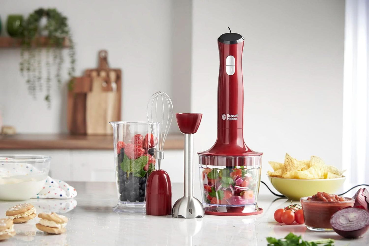 Russell Hobbs Stabmixer [3-in-1: Pürierstab/Zerkleinerer, Mixer- & Schneebesenaufsatz] Desire Rot (Bpa-vrij & Spülmaschinenfestes Zubehör, Für Smoothie, Suppen Saucen, Joghurt Babynahrung) 24700-56 Keuken Naty Shop