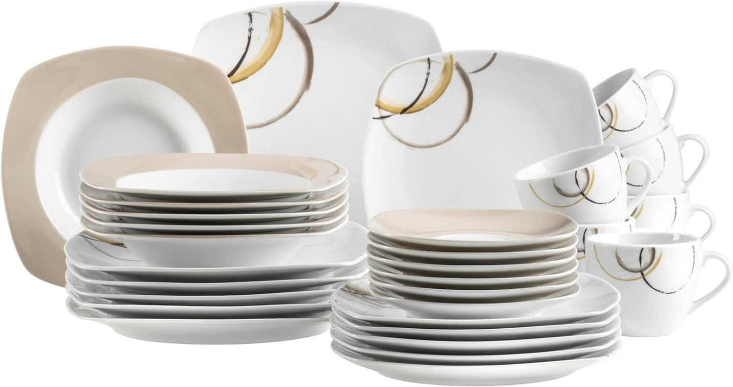 MÄSER Nela gecombineerde serviesset, 30-delige serie, vierkant servies voor 6 personen, wit/bruin