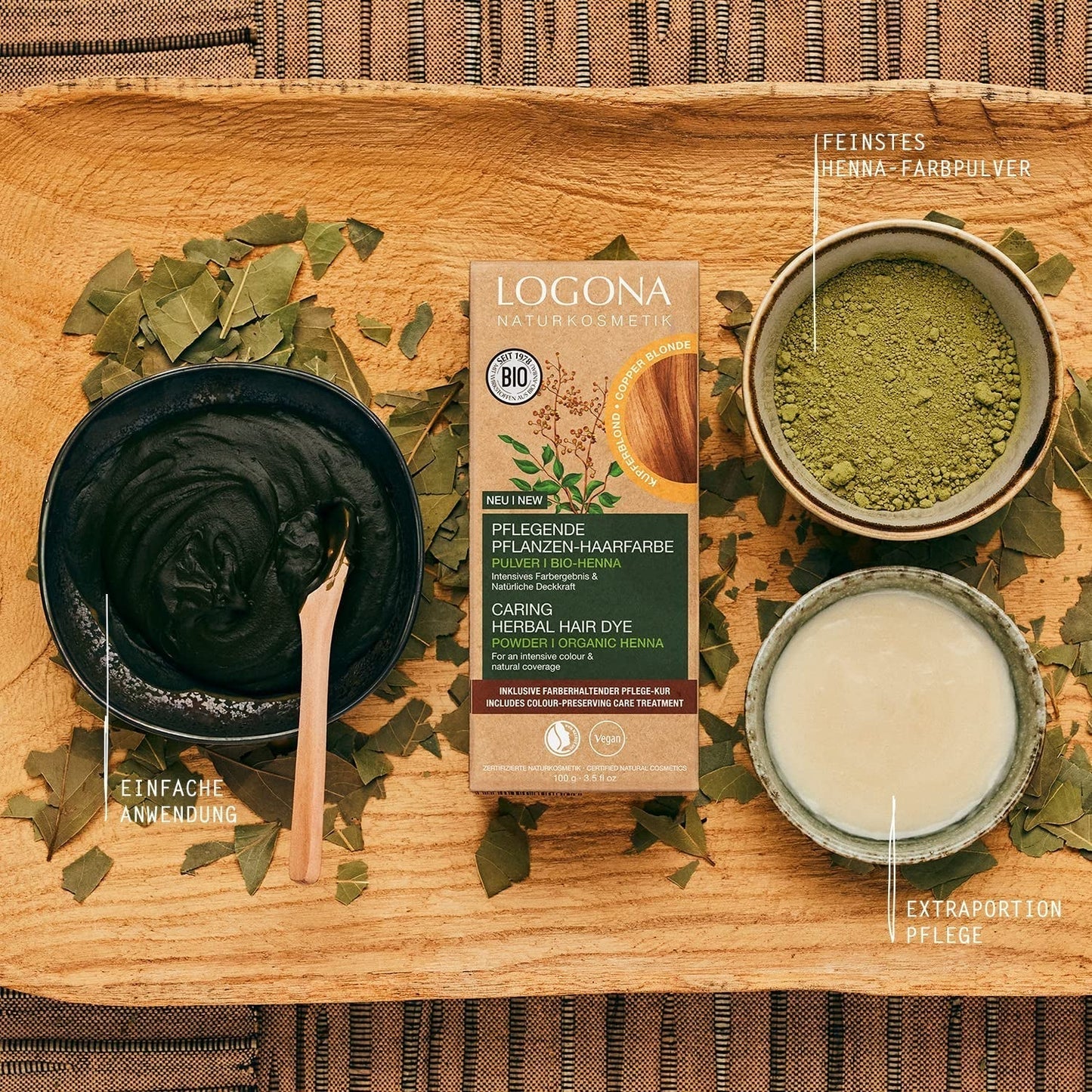 LOGONA Natural Cosmetics Kruiden voedende haarverf, biologisch hennapoeder Veganistische haarverf voor intense kleur en glans, Kruidenhaarverf in koperblond (blond), 1 x 100 g Naty Shop haarverf