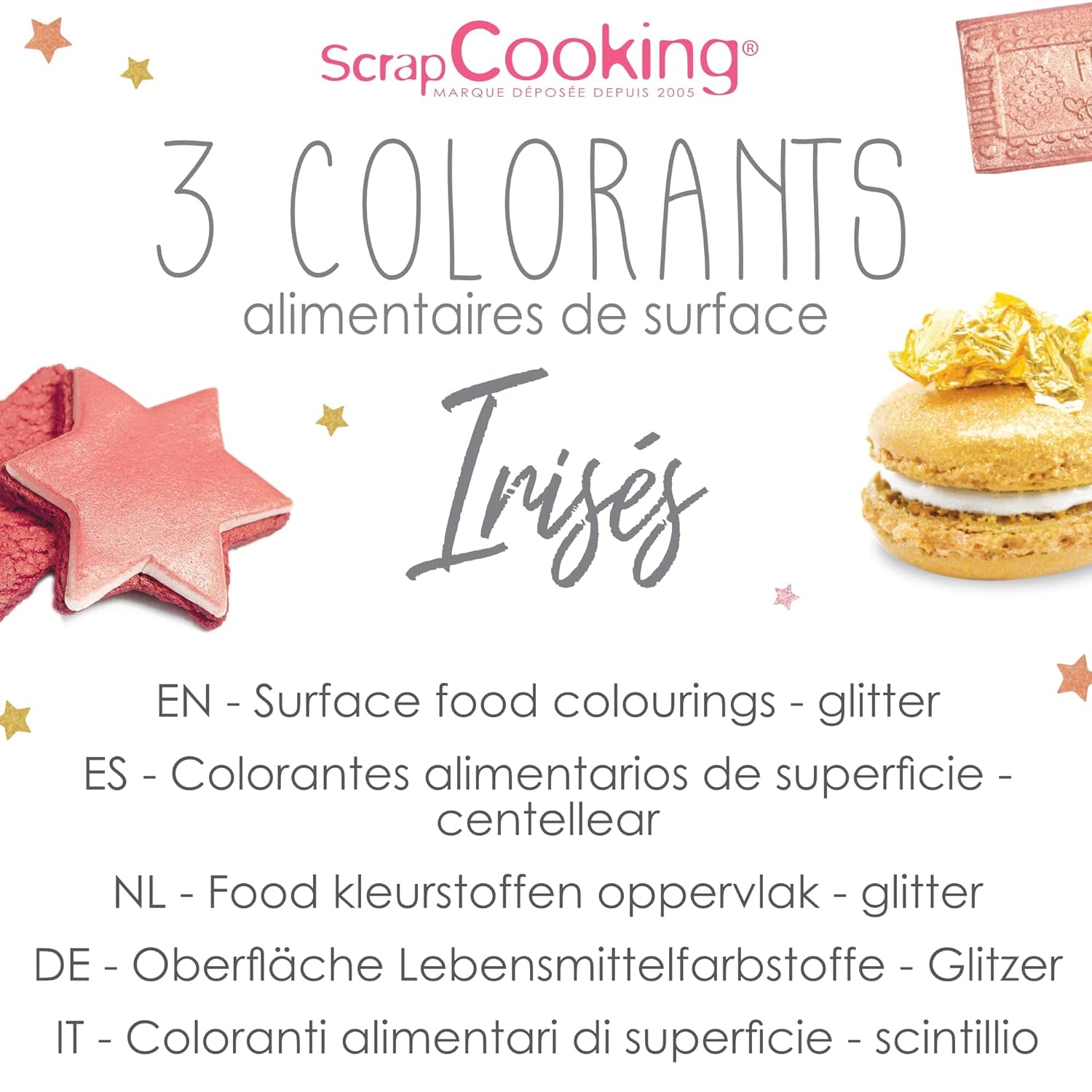 Scrapcooking - Set van 3 metalen kleurstoffen - Kleurstof: goud, rosé goud en robijn - Eetbare kleurstof voor bakken, cakes, koekjes, cakes, chocolade - 4019