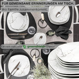 ZANGER | Bilgola Marmeren Combinatie Serviesset 36-delige Serviesset voor 6 personen met Dinerborden, Dessertborden, Suma Borden, Mueslischalen, Koffieborden en Porseleinen Schoteltjes, Vierkant | DE PREMIUM COLLECTIE