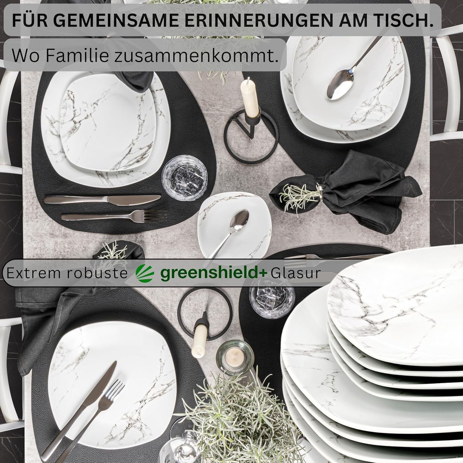 ZANGER | Bilgola Marmeren Combinatie Serviesset 36-delige Serviesset voor 6 personen met Dinerborden, Dessertborden, Suma Borden, Mueslischalen, Koffieborden en Porseleinen Schoteltjes, Vierkant | DE PREMIUM COLLECTIE