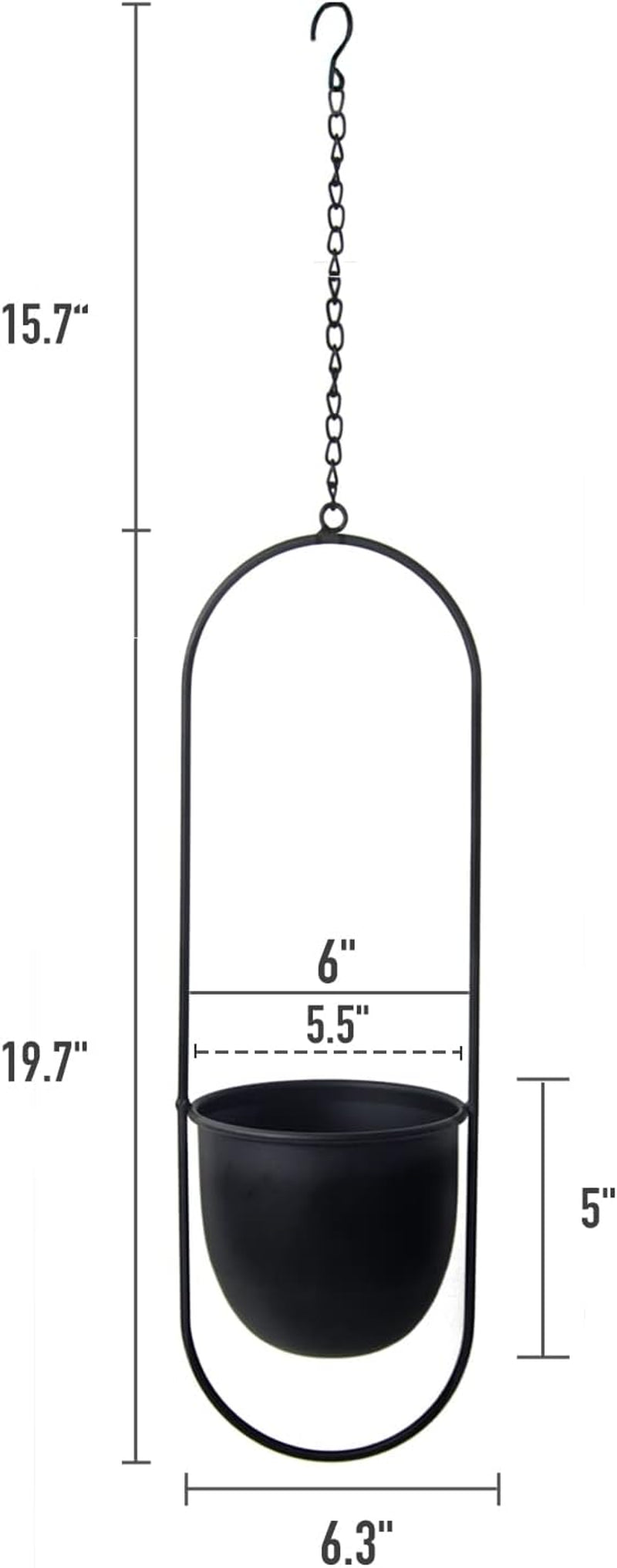 Hangende metalen bloempotten, 2 stuks, zwarte ovale geometrische plantenhanger met potten, moderne wand- en plafondplantenbak, binnen buiten, 15,2 cm, bloempotten, 2 stuks
